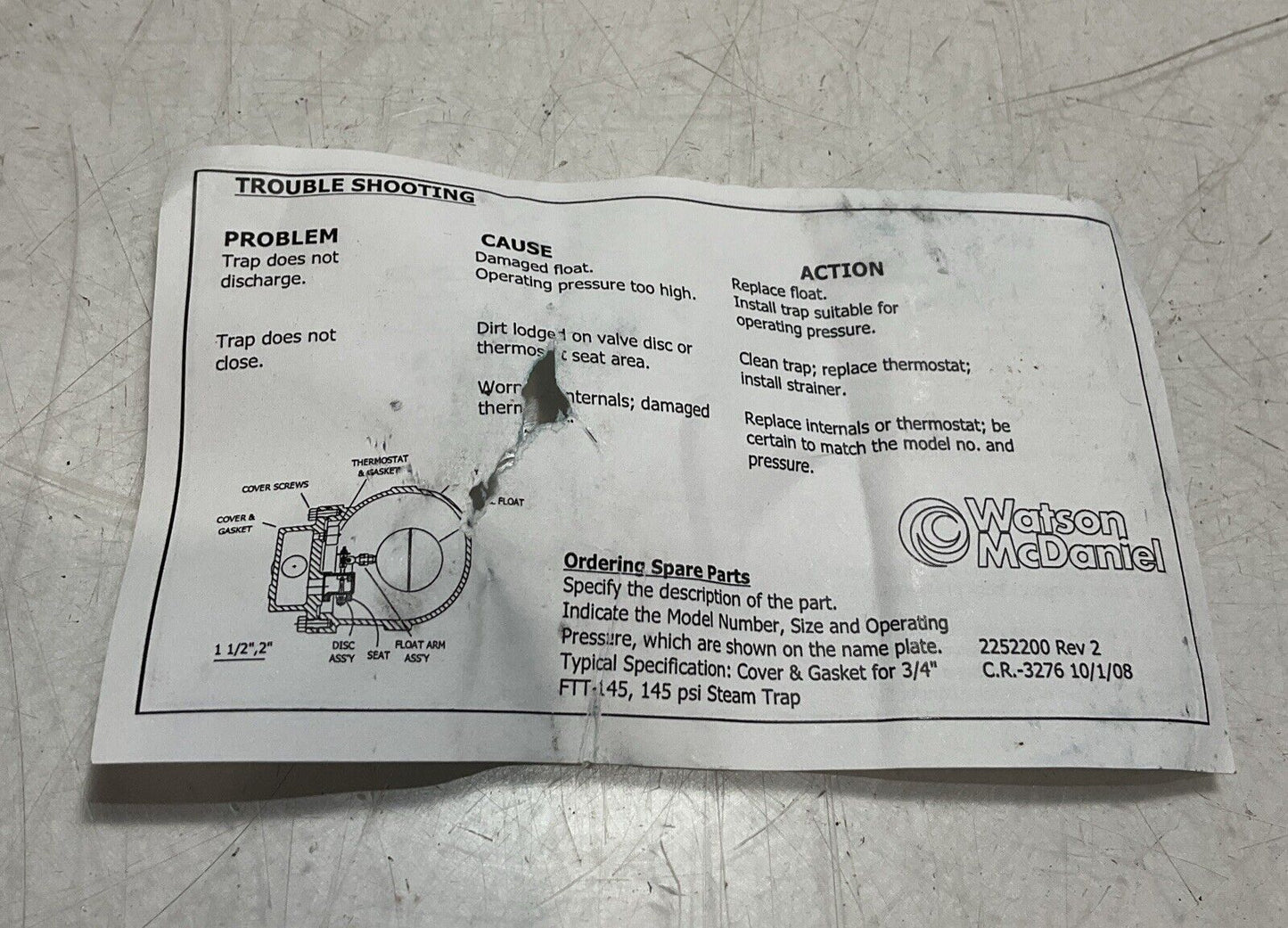 WATSON MCDANIEL FTT-145-13-N WFTT-145-13 3/4” FTT TRAP ASSMBLY 145 PSI MODEL 373