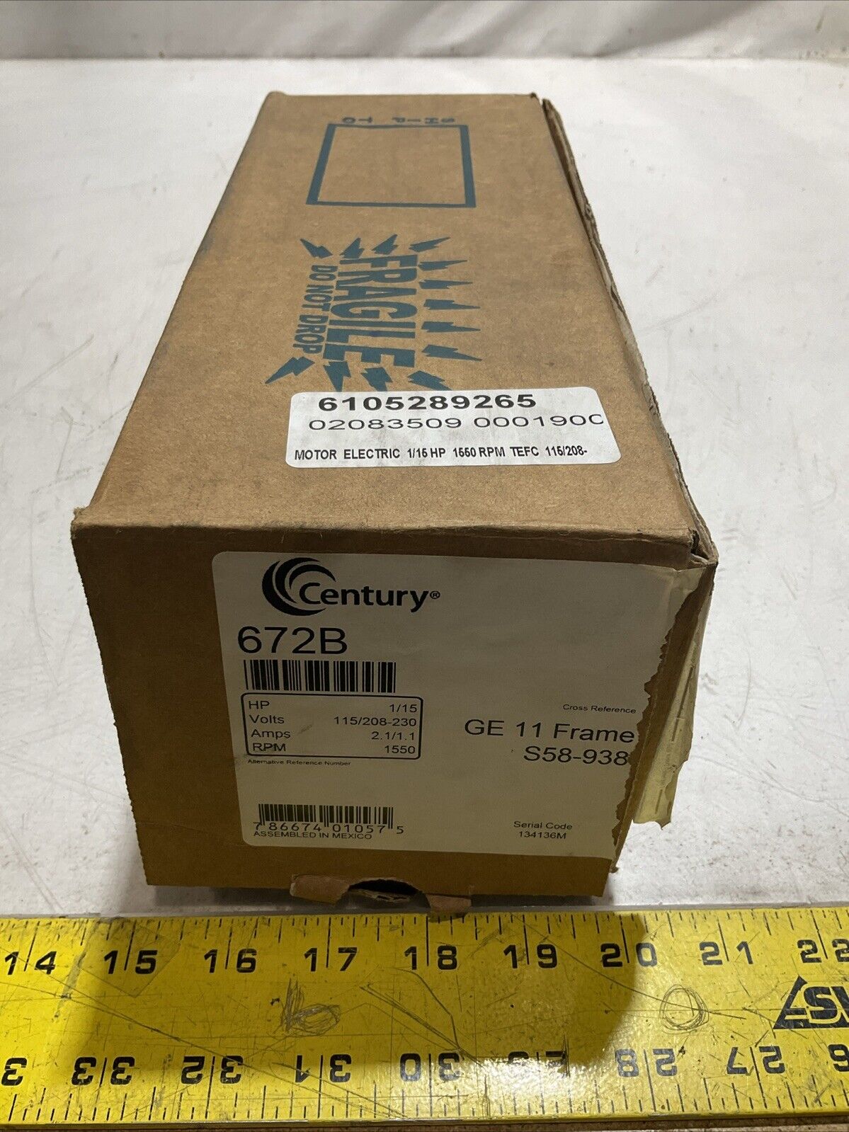 CENTURY 672B GE 11 FREAME S58-938 15V ELECTRIC MOTOR 1/15HP 1550 RPM 115/208 373