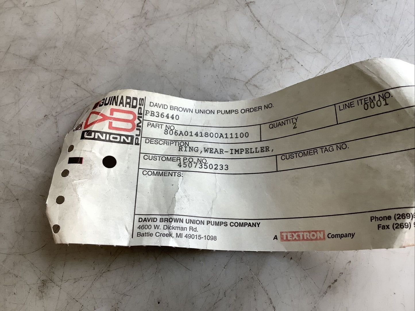 DAVID BROWN UNION PUMPS 806A0141800A11100 IMPELLER WEAR RING 678