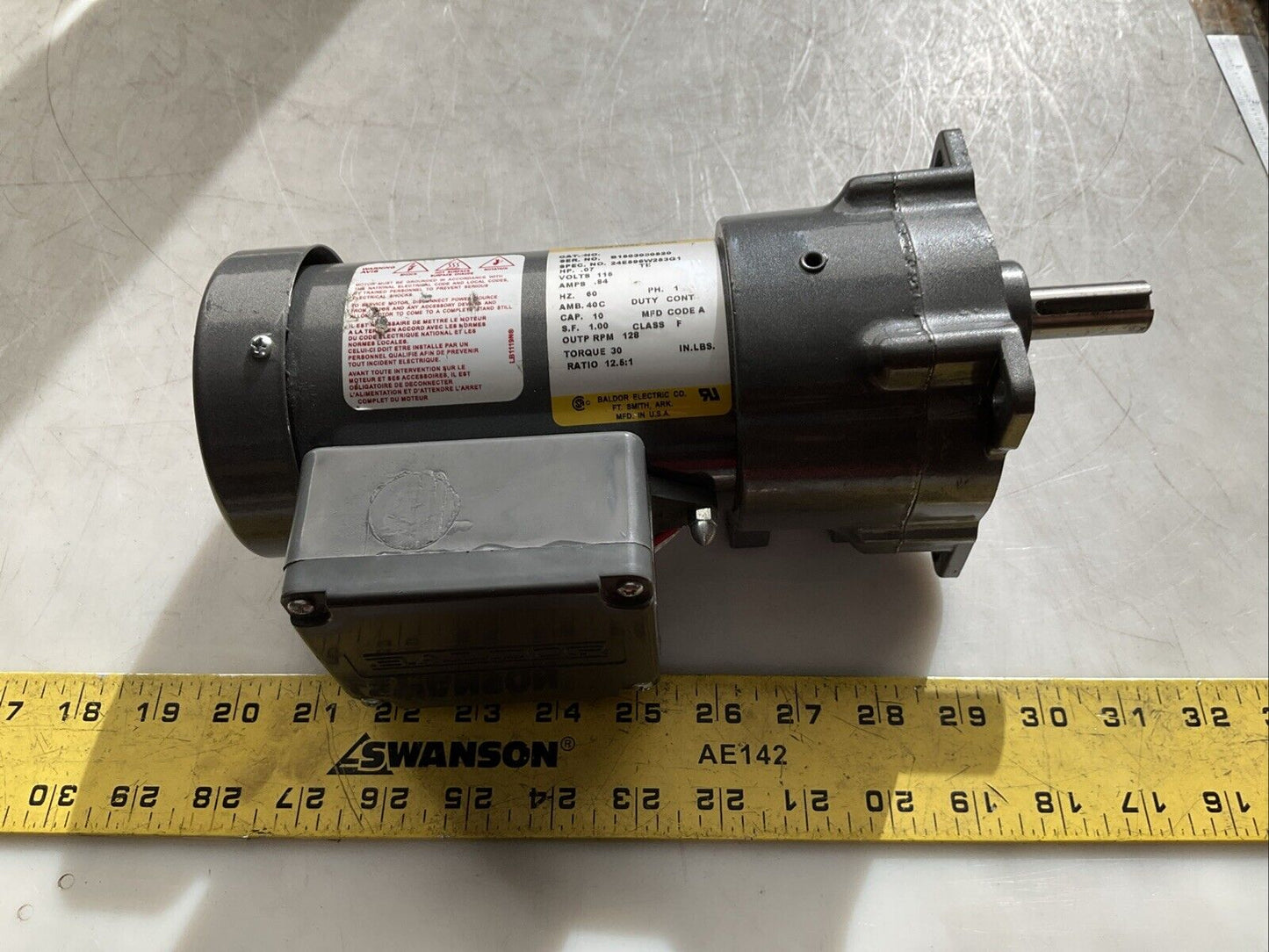 BALDOR 24E596W253G1 MOTOR 1PH 128RPM 0.07HP 115V 0.84A 30 TORQUE 12.5:1 RATIO