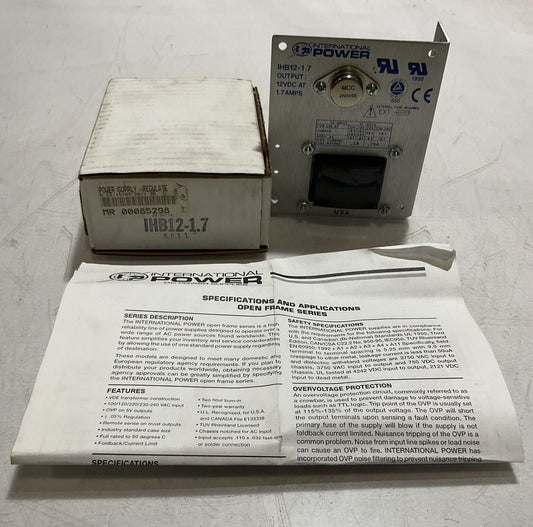 INTERNATIONAL POWER  IHB12-1.7  POWER SUPLy REGULATOR 12VDC AT  1.7AMPS U3S