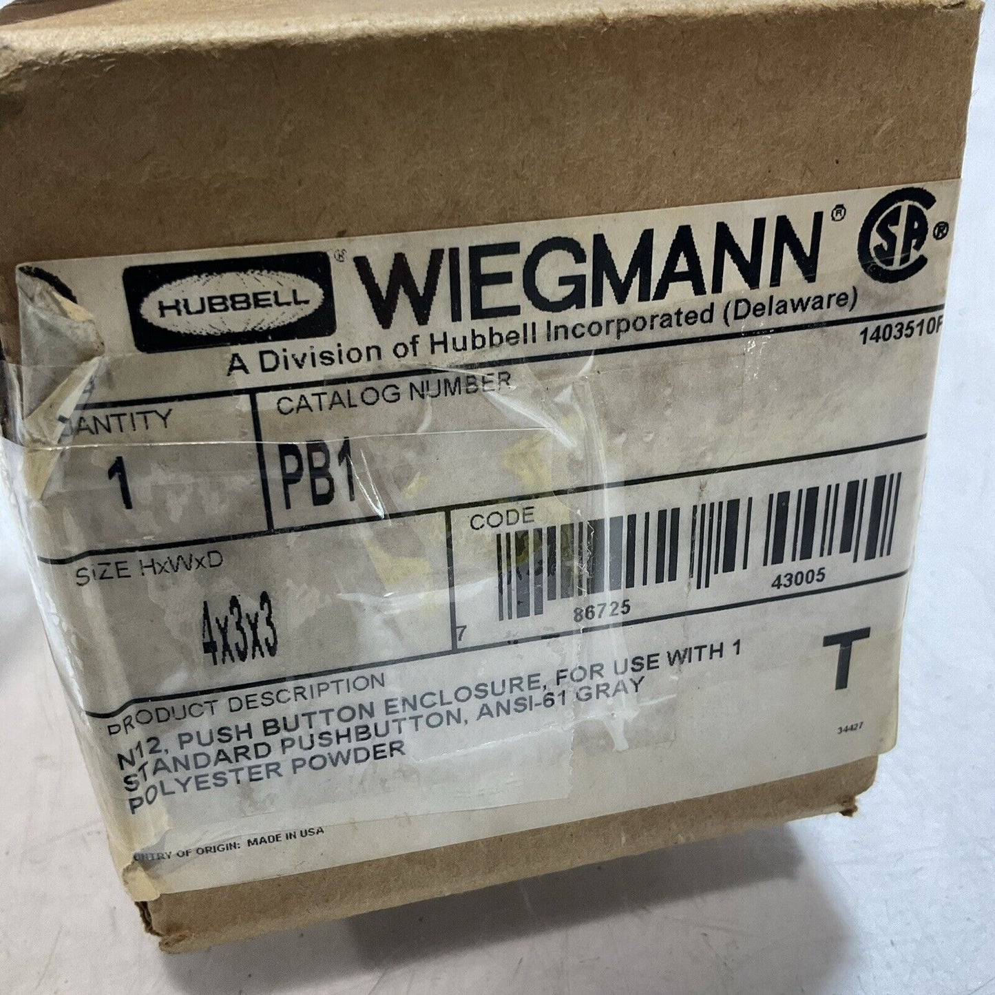 HUBBELL  WIEMANN PB1 N12  STANDARD PUSH BUTTON  ENCLOSURE SIZE  4x3x3  U3S