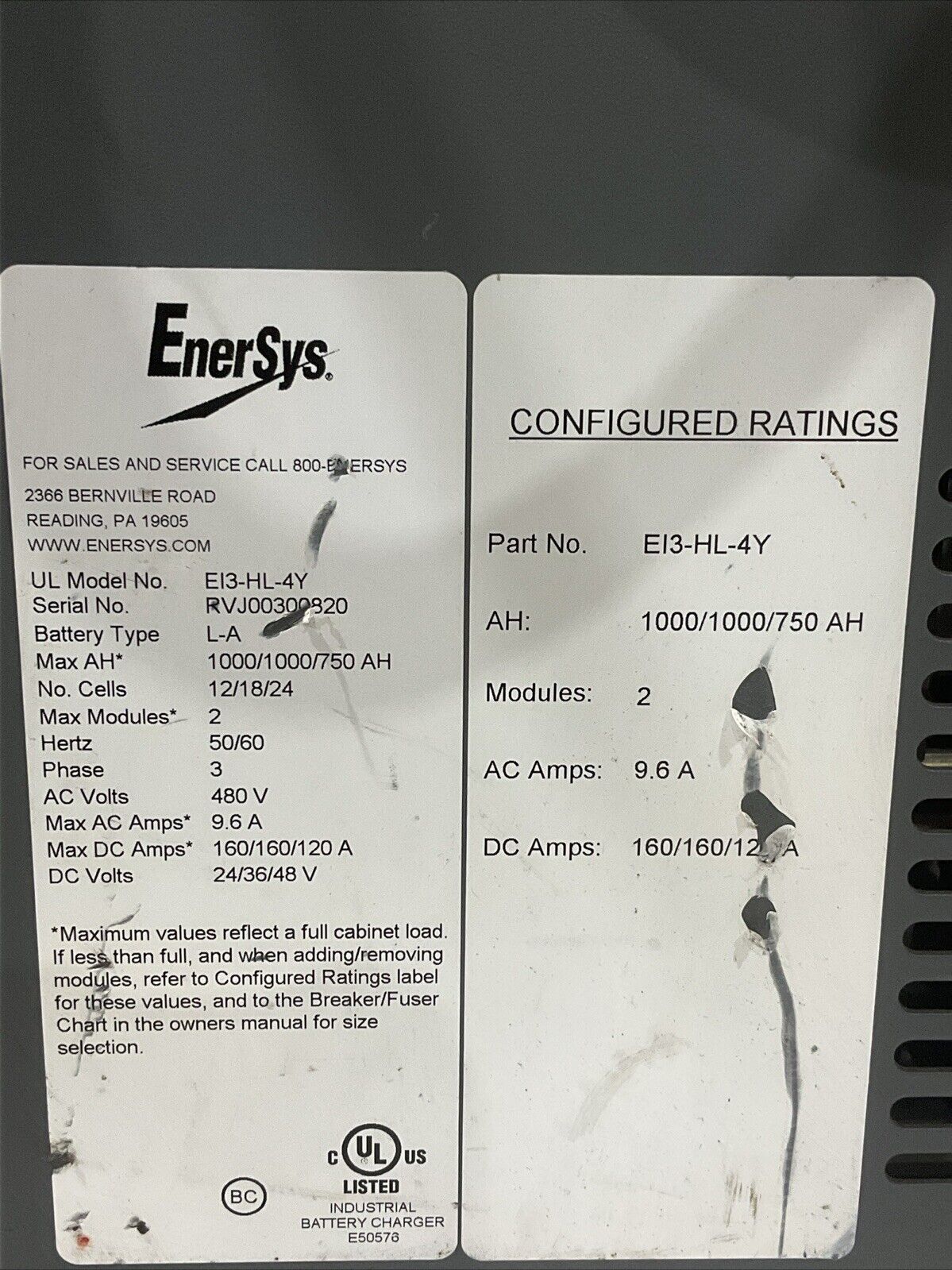 ENERSYS EI3-HL-4Y ENFORCER IMPAQ FORKLIFT L-A BATTERY CHARGER 3PH 480V 50/60 HZ