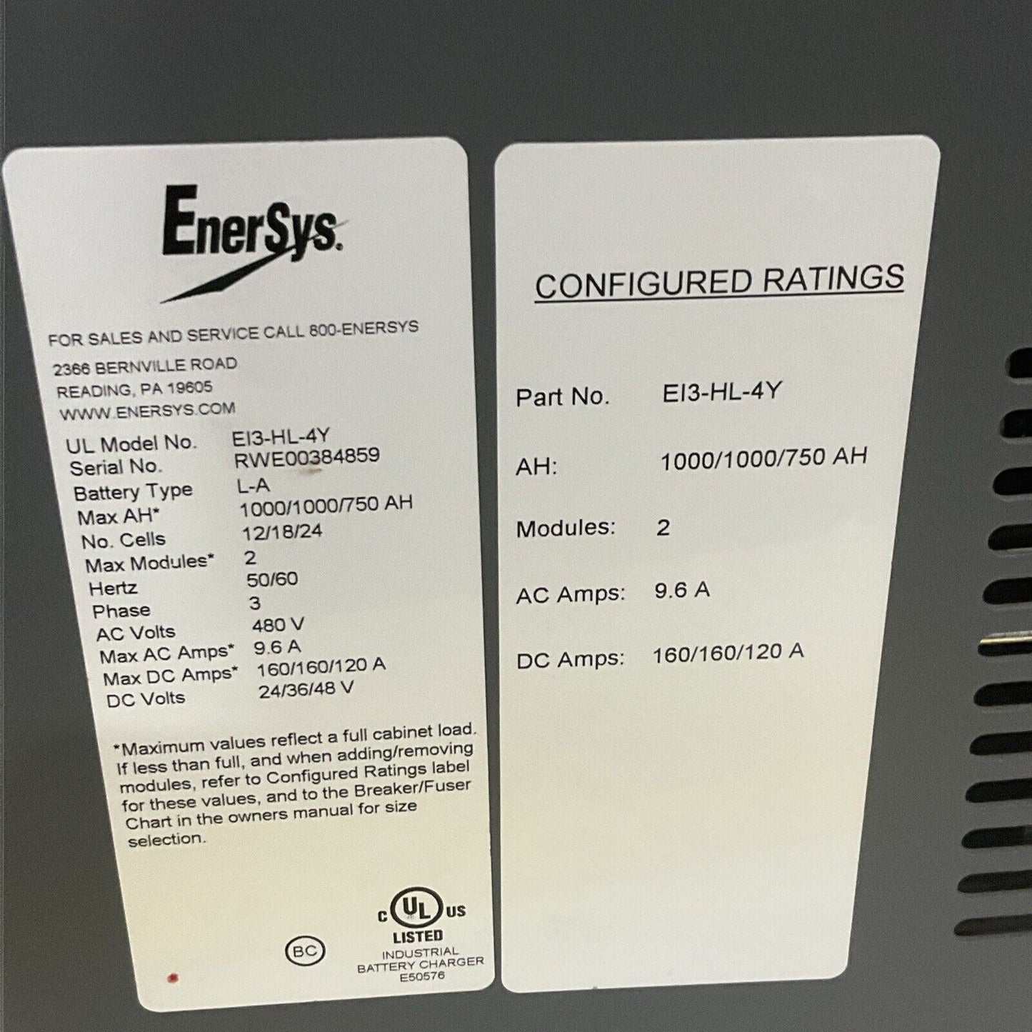 ENERSYS EI3-HL-4Y ENFORCER IMPAQ FORKLIFT L-A BATTERY CHARGER 3PH 480V 50/60 HZ