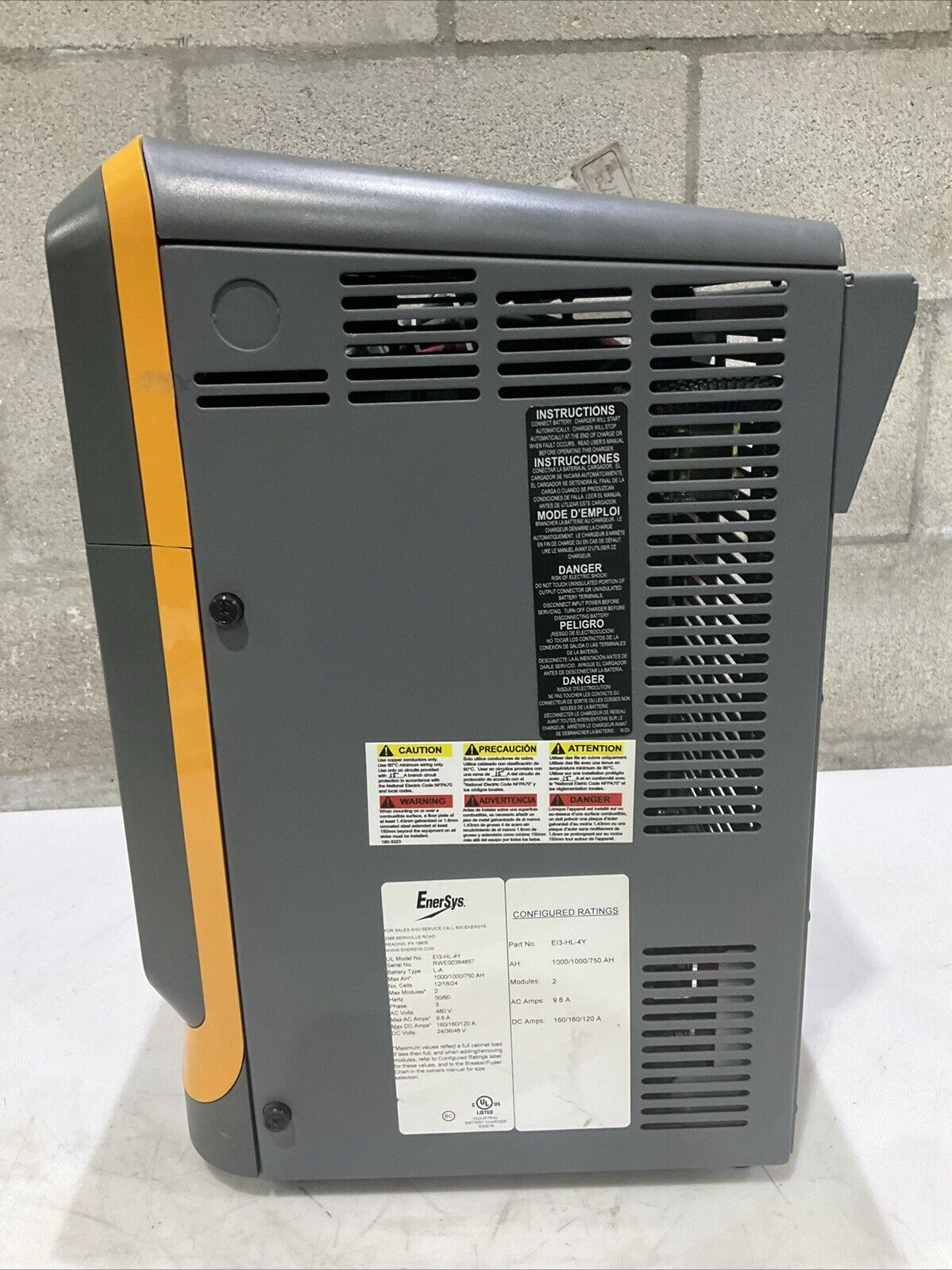 ENERSYS EI3-HL-4Y ENFORCER IMPAQ FORKLIFT L-A BATTERY CHARGER 3PH 480V 50/60 HZ