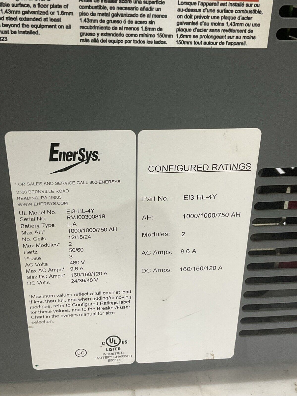 ENERSYS EI3-HL-4Y ENFORCER IMPAQ FORKLIFT L-A BATTERY CHARGER 3PH 480V 50/60 HZ