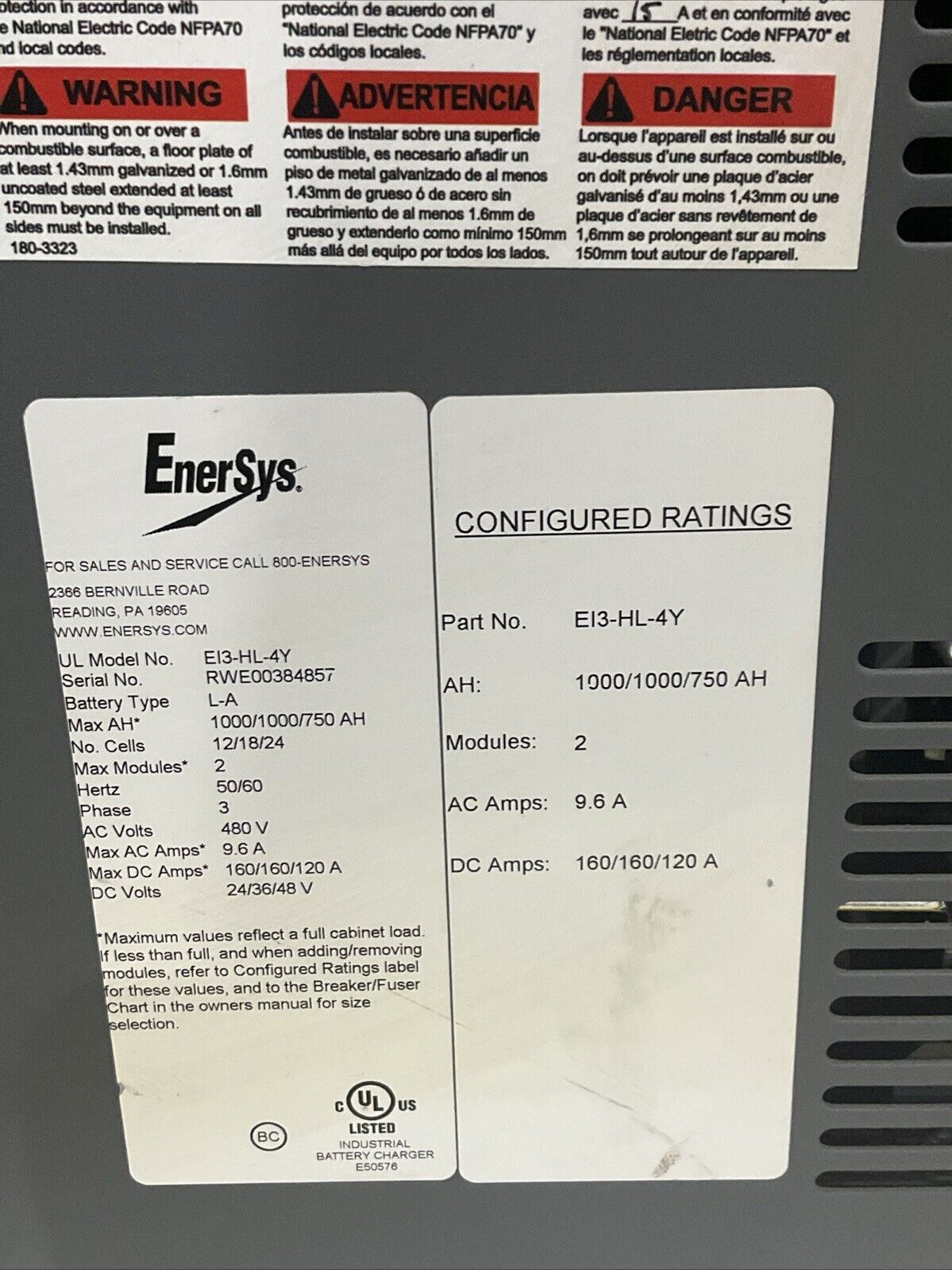 ENERSYS EI3-HL-4Y ENFORCER IMPAQ FORKLIFT L-A BATTERY CHARGER 3PH 480V 50/60 HZ