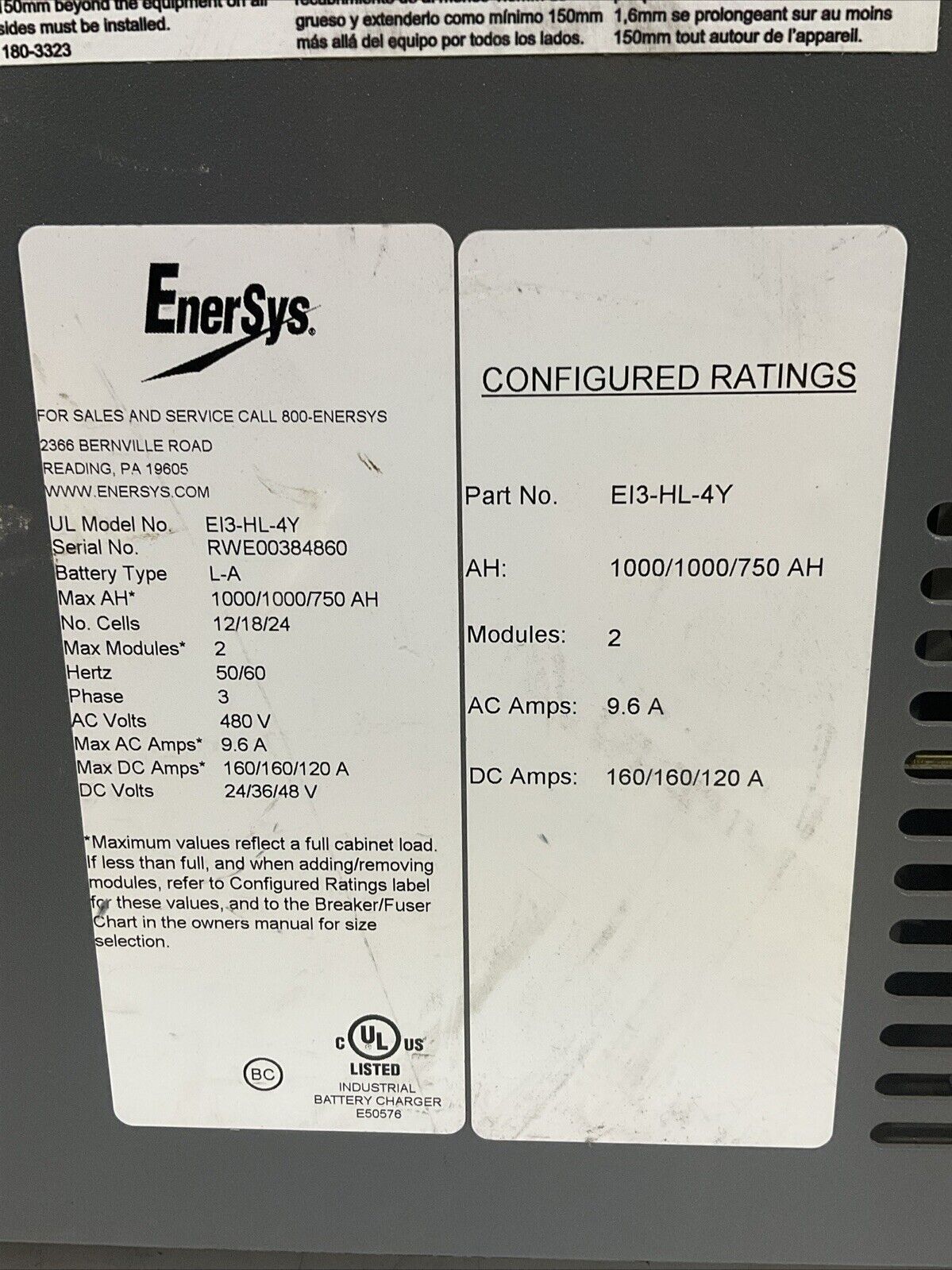 ENERSYS EI3-HL-4Y ENFORCER IMPAQ FORKLIFT L-A BATTERY CHARGER 3PH 480V 50/60 HZ