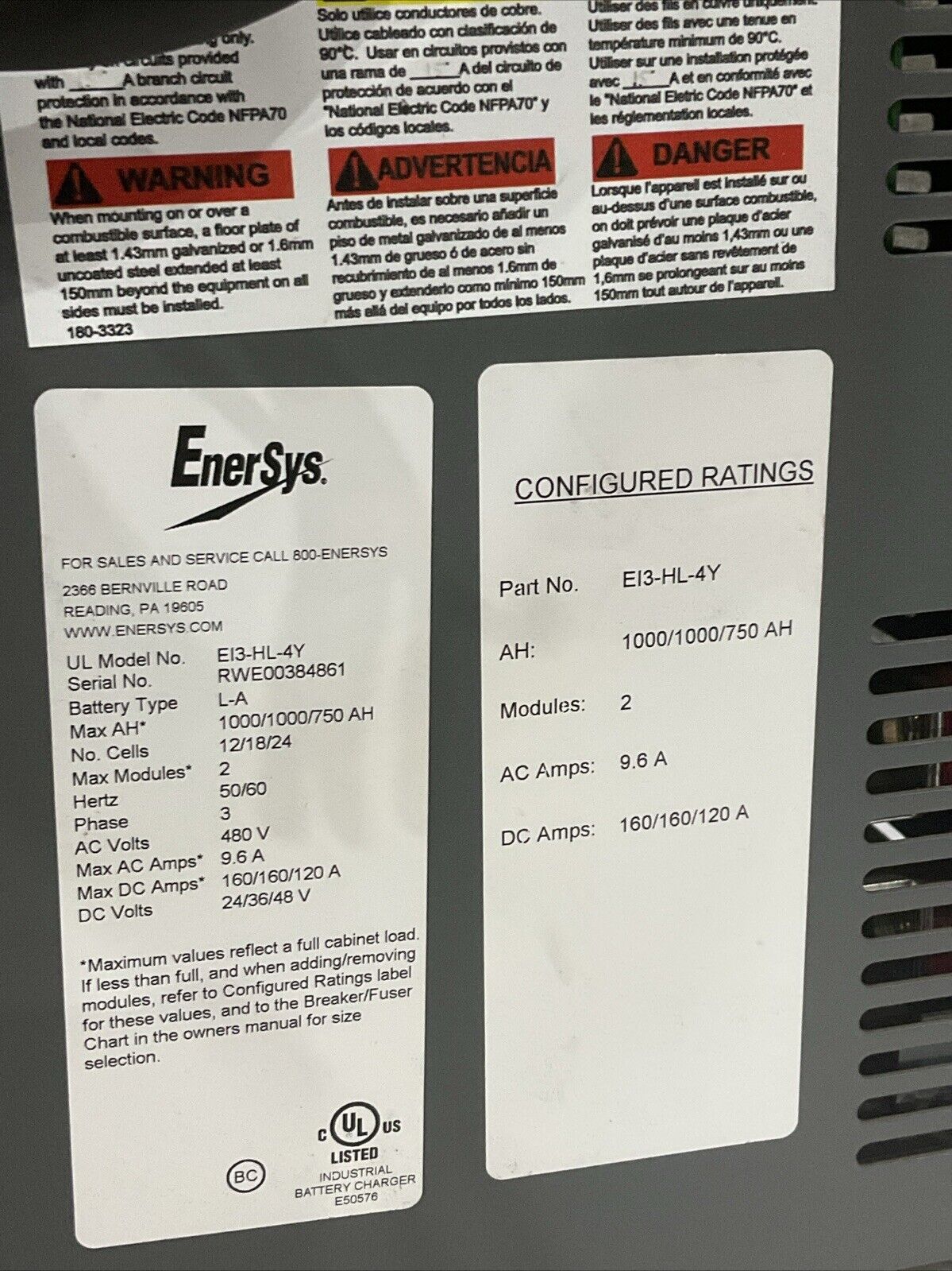 ENERSYS EI3-HL-4Y ENFORCER IMPAQ FORKLIFT L-A BATTERY CHARGER 3PH 480V 50/60 HZ