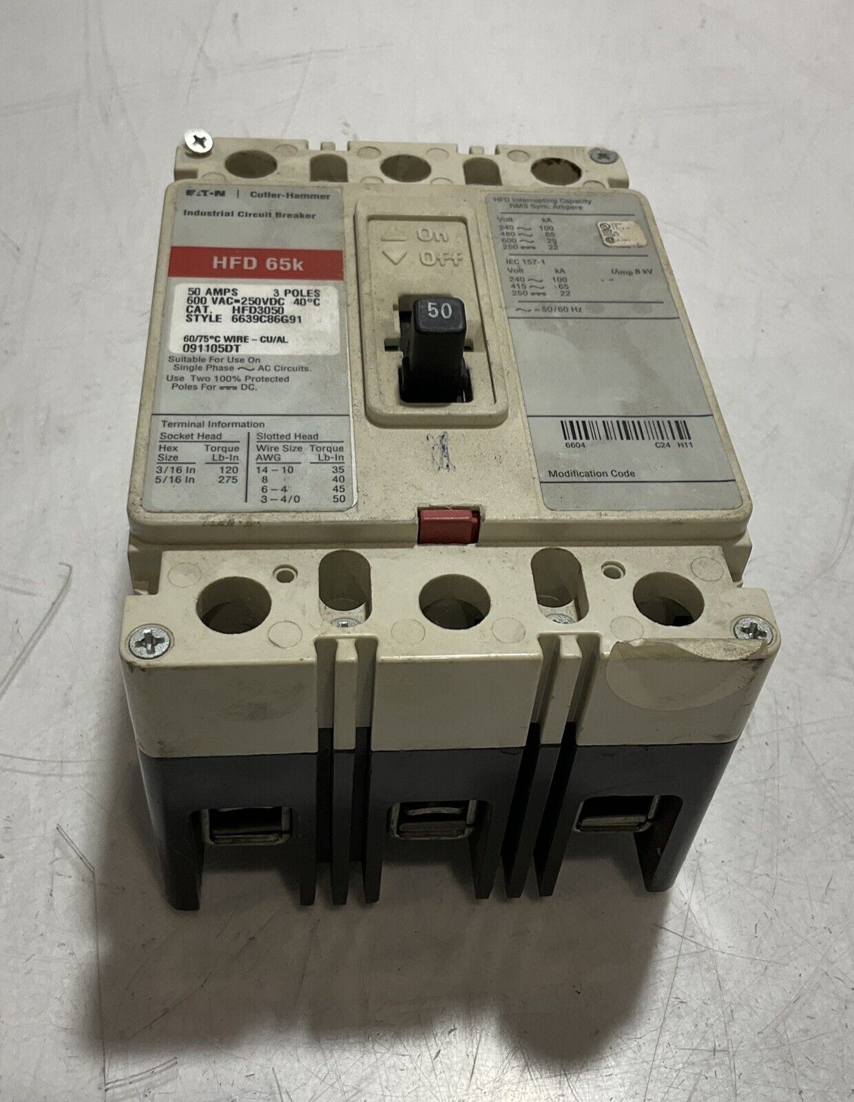 EATON- CUTLER  HAMMER  HFD65K  CIRCUIT BREAKER  50AMPS 3 POLES 240V U3S