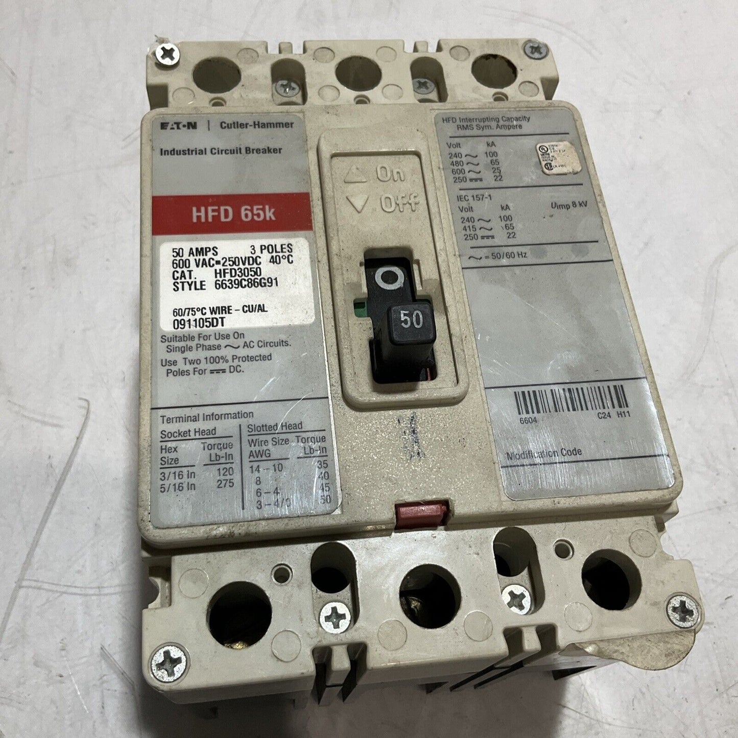 EATON- CUTLER  HAMMER  HFD65K  CIRCUIT BREAKER  50AMPS 3 POLES 240V U3S