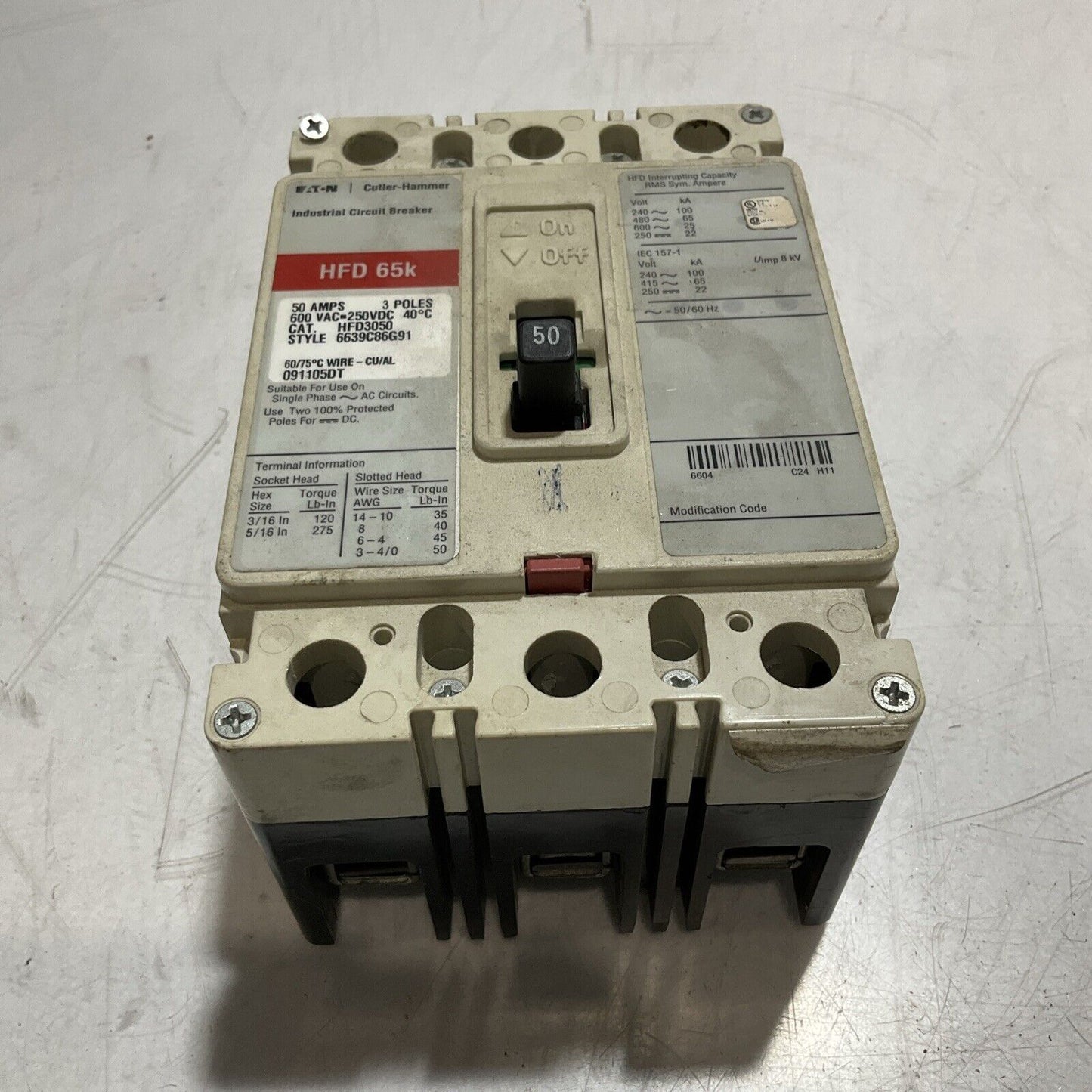 EATON- CUTLER  HAMMER  HFD65K  CIRCUIT BREAKER  50AMPS 3 POLES 240V U3S