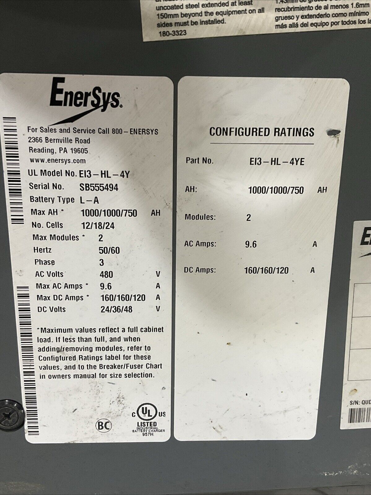 ENERSYS EI3-HL-4Y ENFORCER IMPAQ FORKLIFT L-A BATTERY CHARGER 3PH 480V 50/60 HZ