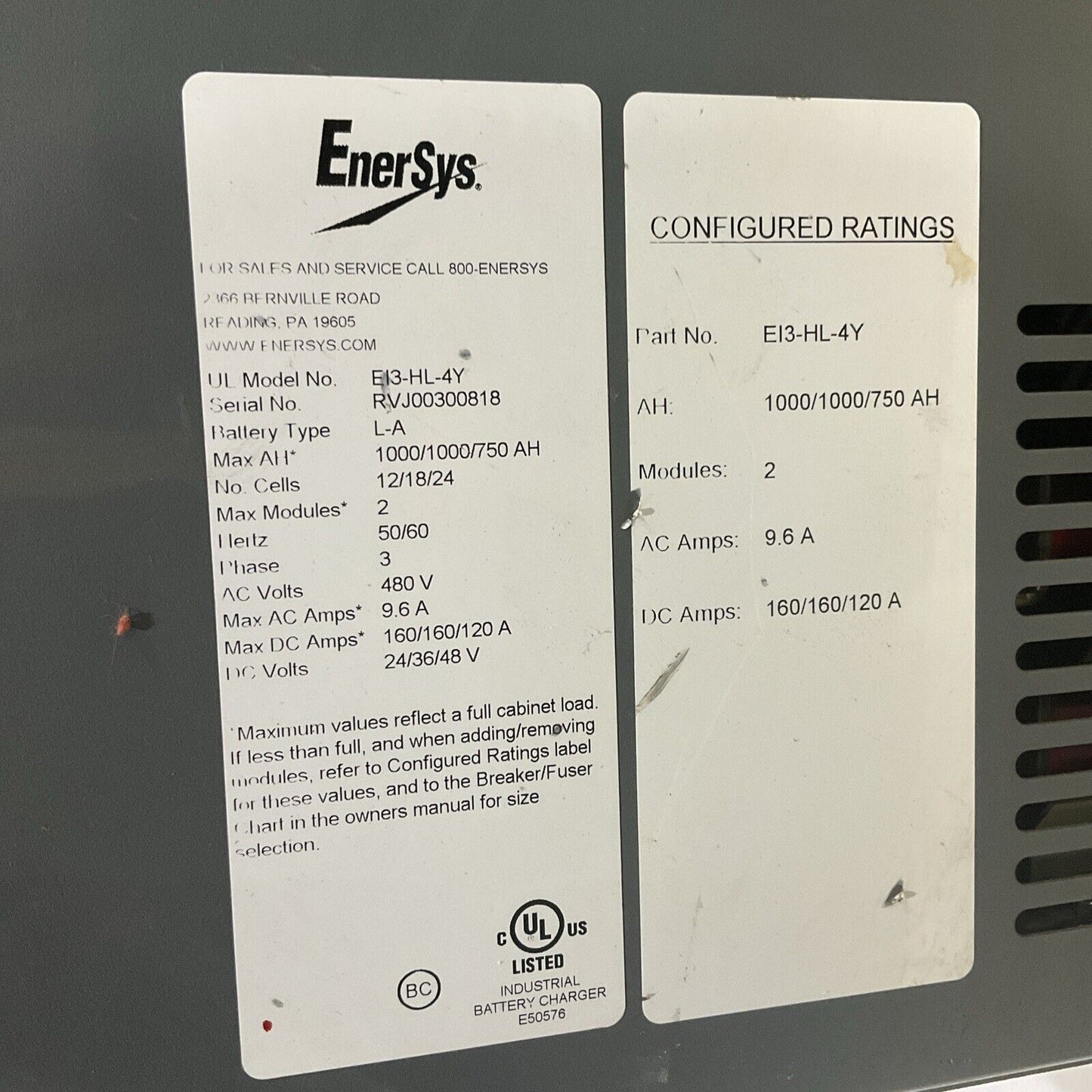 ENERSYS EI3-HL-4Y ENFORCER IMPAQ FORKLIFT L-A BATTERY CHARGER 3PH 480V 50/60 HZ