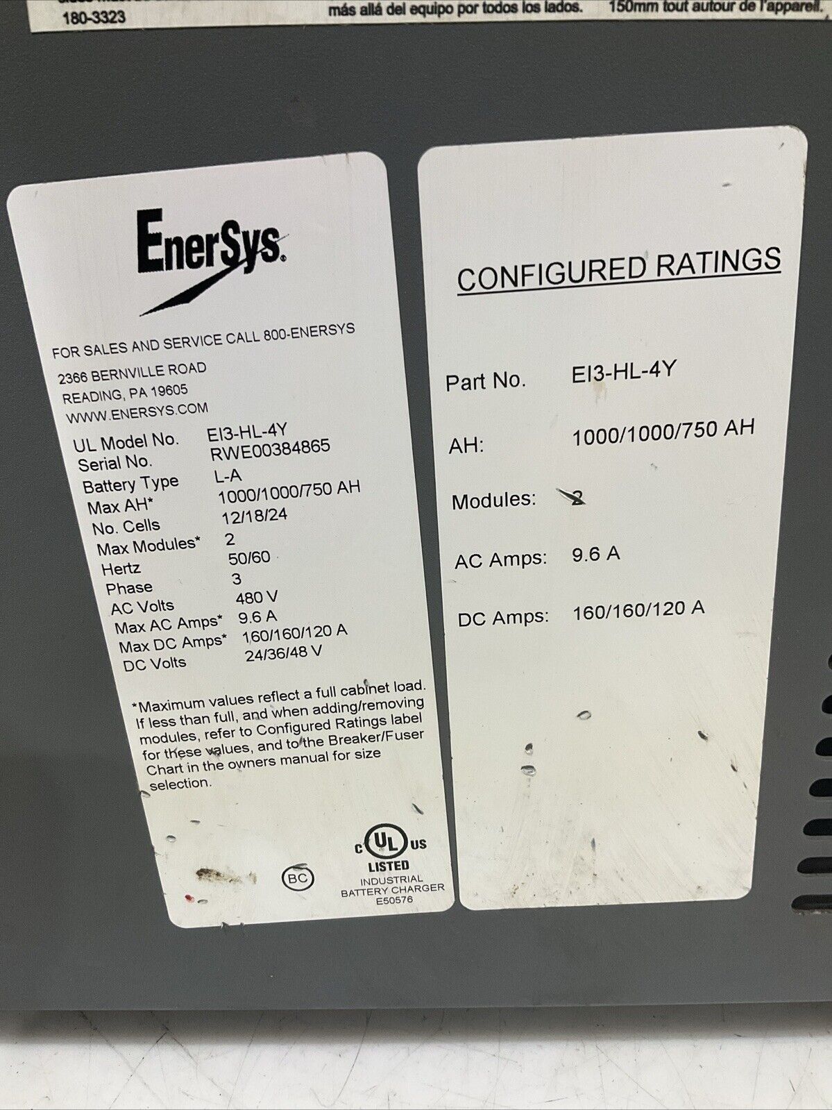 ENERSYS EI3-HL-4Y ENFORCER IMPAQ FORKLIFT L-A BATTERY CHARGER 3PH 480V 50/60 HZ