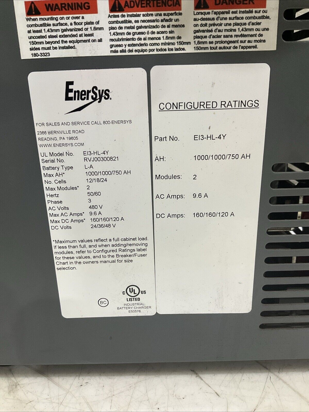 ENERSYS EI3-HL-4Y ENFORCER IMPAQ FORKLIFT L-A BATTERY CHARGER 3PH 480V 50/60 HZ