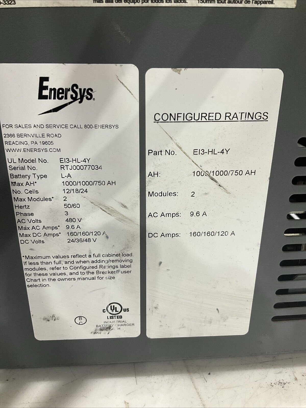 ENERSYS EI3-HL-4Y ENFORCER IMPAQ FORKLIFT L-A BATTERY CHARGER 3PH 480V 50/60 HZ