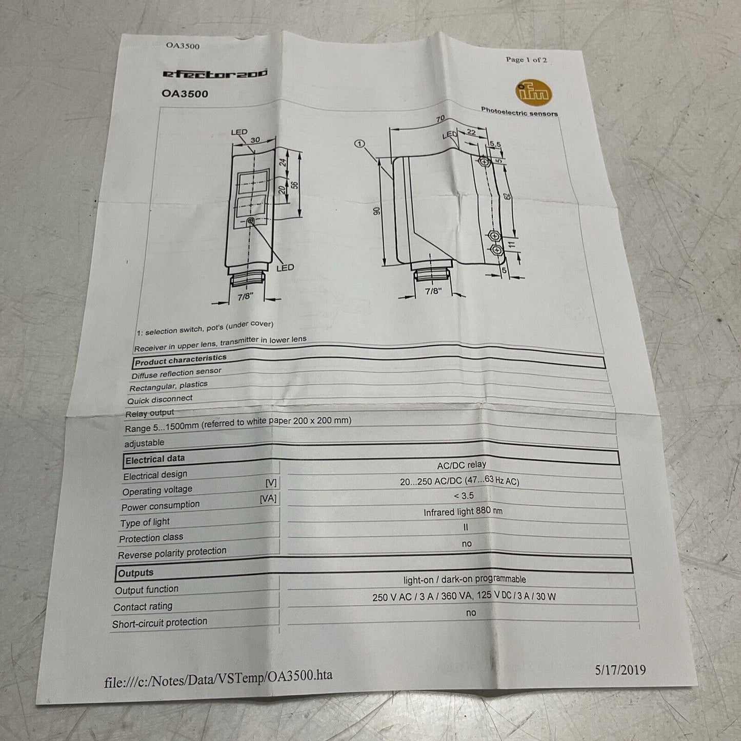 IFM ELECTRONIC OA3500-OAT-FKOA/LS500L  REFLEXLICH DIFFUSE REFLECTION SENSOR  222