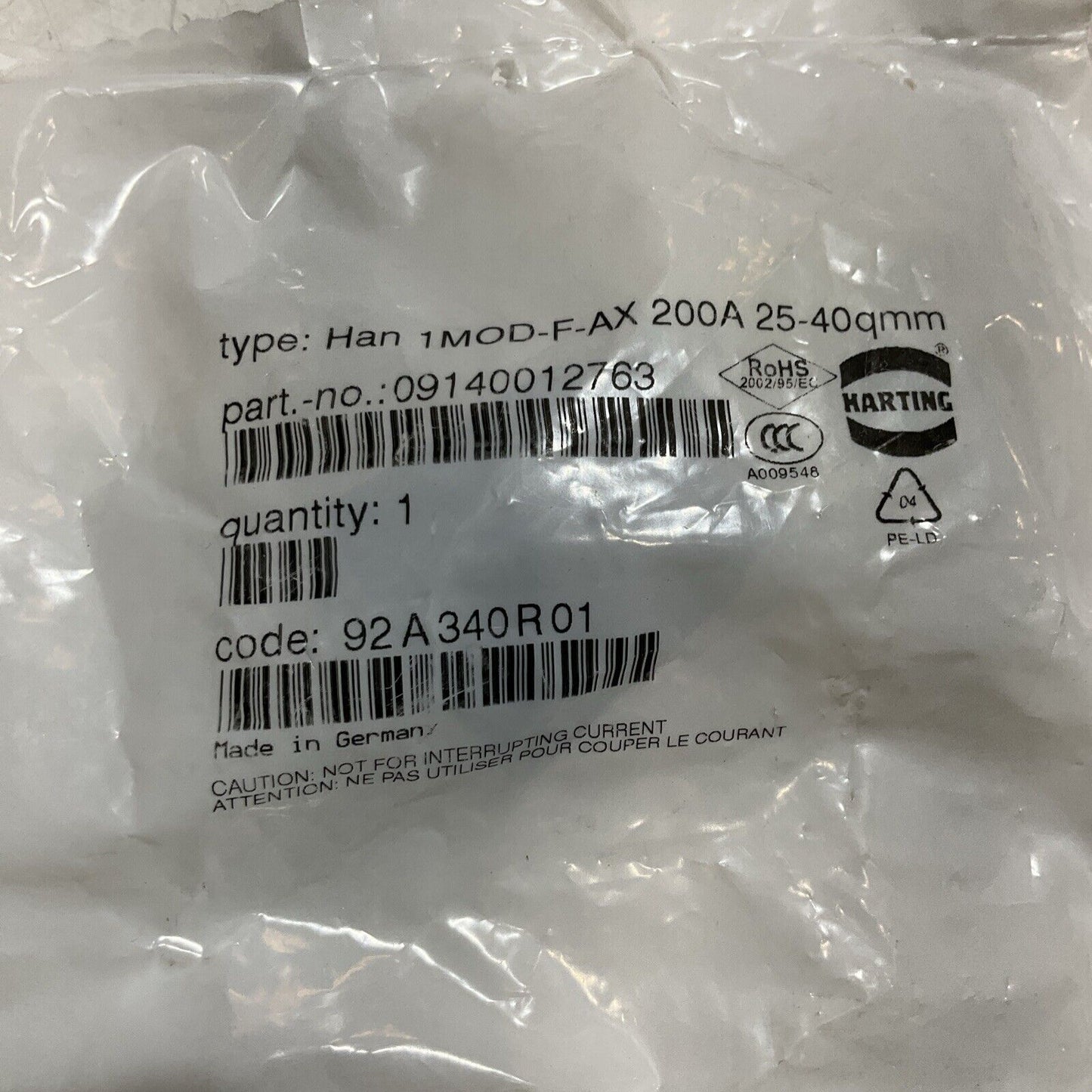 HARTING 09140012763 HAN 1MOD-F-AX 200A 25-40QMM  1000V 8KV3  LOT OF 4 U3S