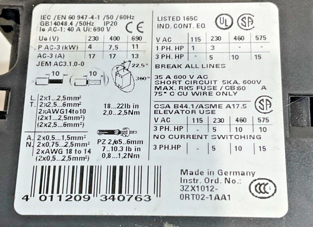 SIEMENS  3RH1921-1CA10 3ZX1012-0RT02-1AA1 AUXILIARY CONTACT  BLOCK 240V U3S