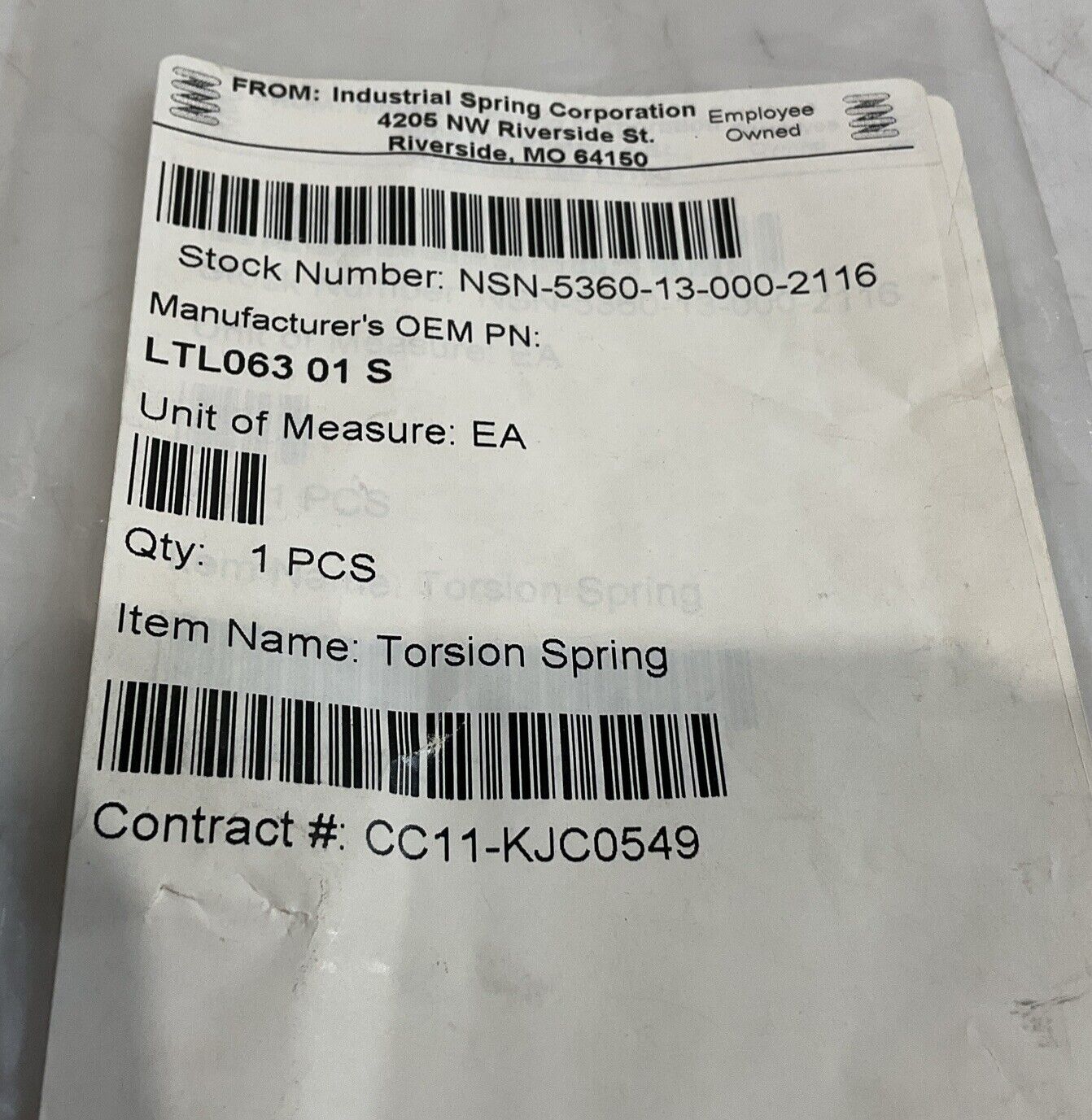 INDUSTRIAL SPRING CORPORATION  LTL06301S  TORSION SPRING LOT OF 2 U3S