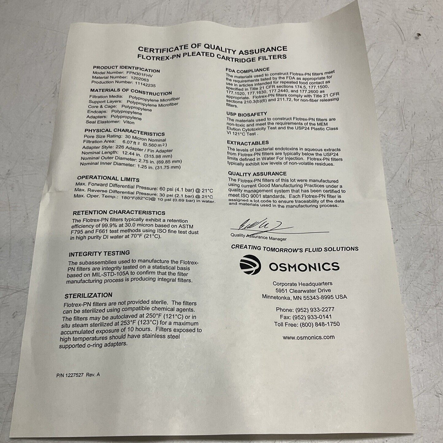 OSMONICS  FPN301FHV  VEOLIA FLOTREX  POLYPROPYLENE CARTRIDGE FILTER  554