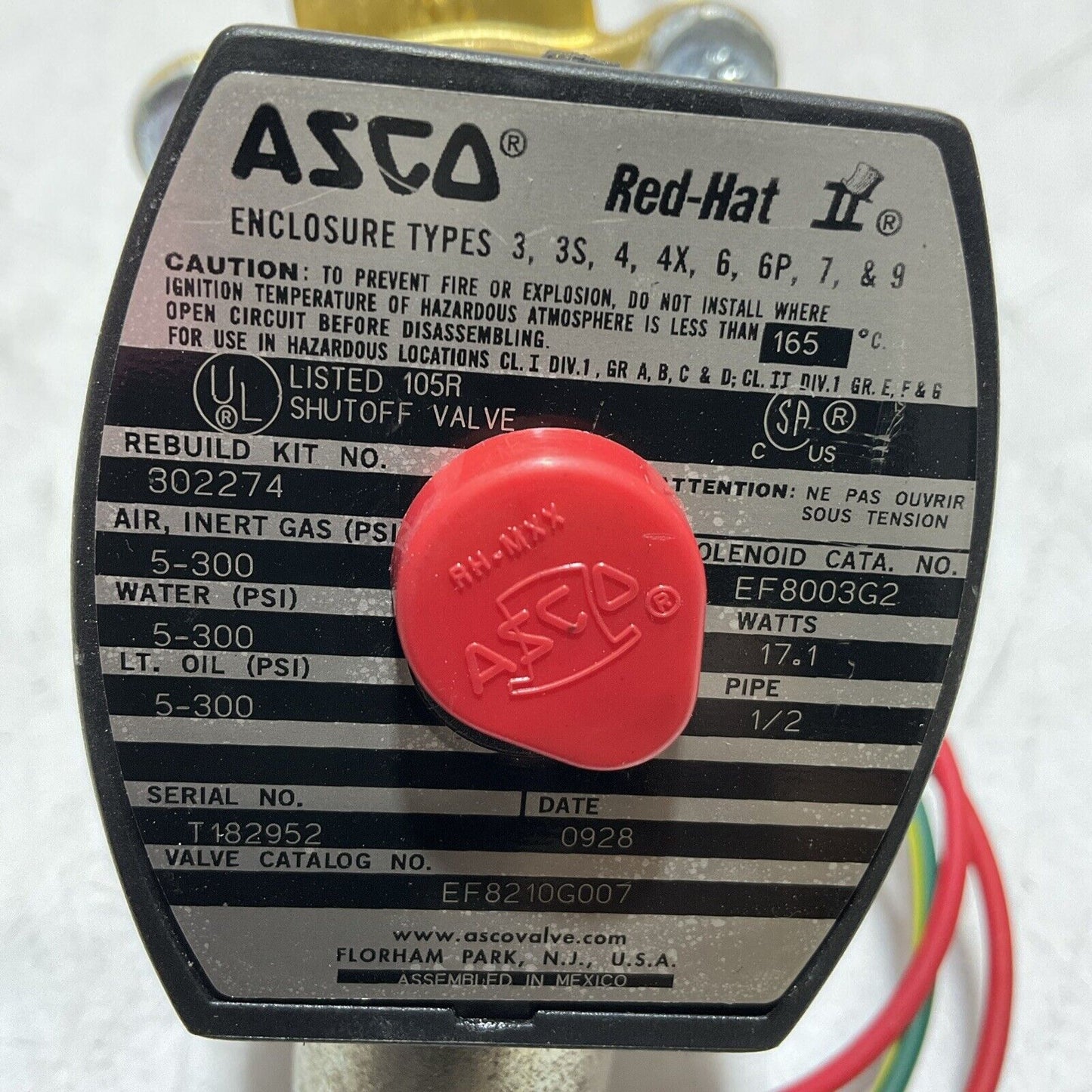 ASCO RED-HAT  EF8210G007 GENERAL PURPOSE SOLENOID VALVE 17.1WATTS  1/2 PIPE U3S