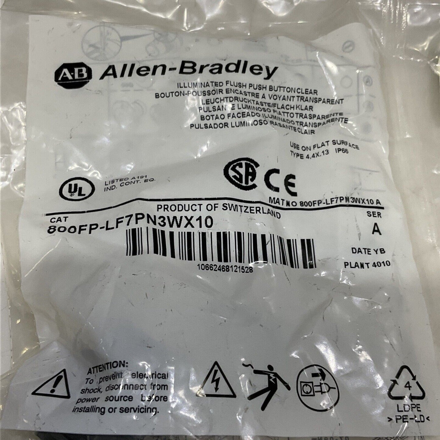 AB ALLEN BRADLEY 800FP-LF7PN3WX10 FLUSH PUSH BUTTON CLEAR U3S