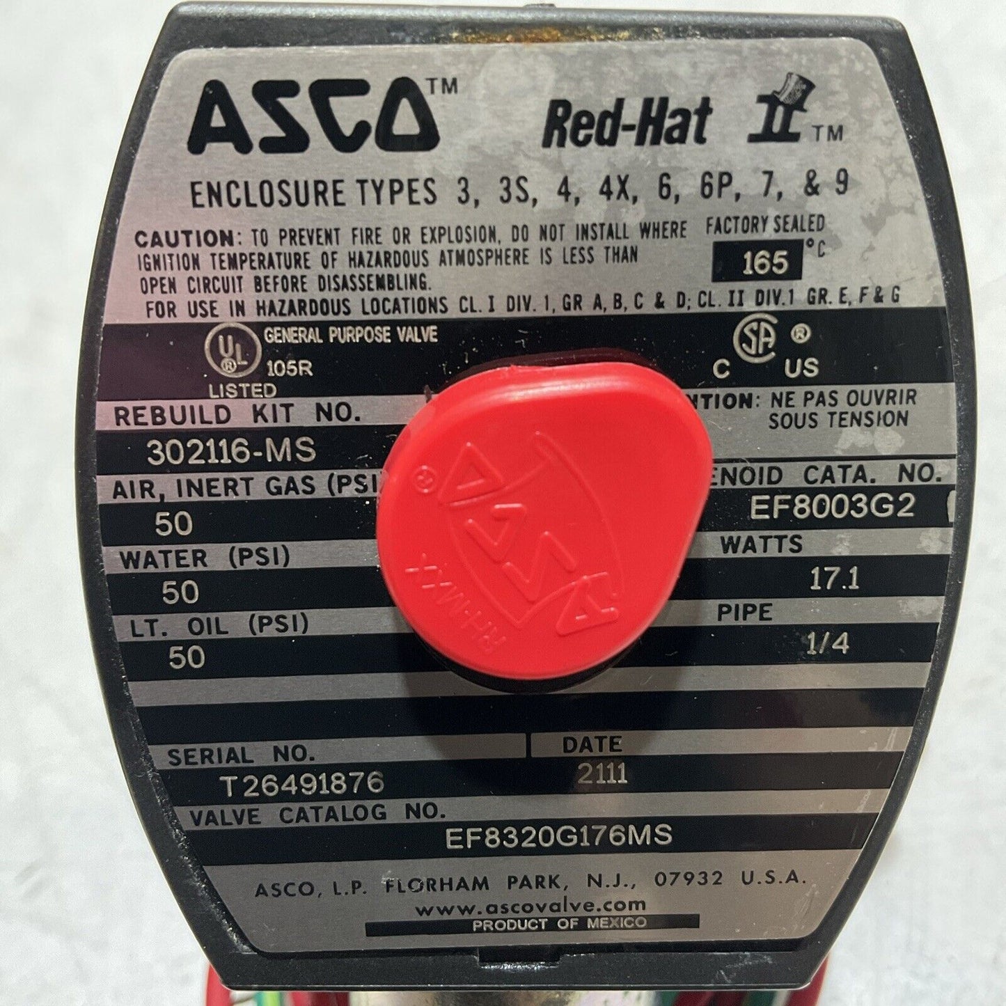 ASCO-RED-HAT EF8320G176MS- EF8003G2 SOLENOID VALVE 120/60 110/50 17.1W 1/4IN 678