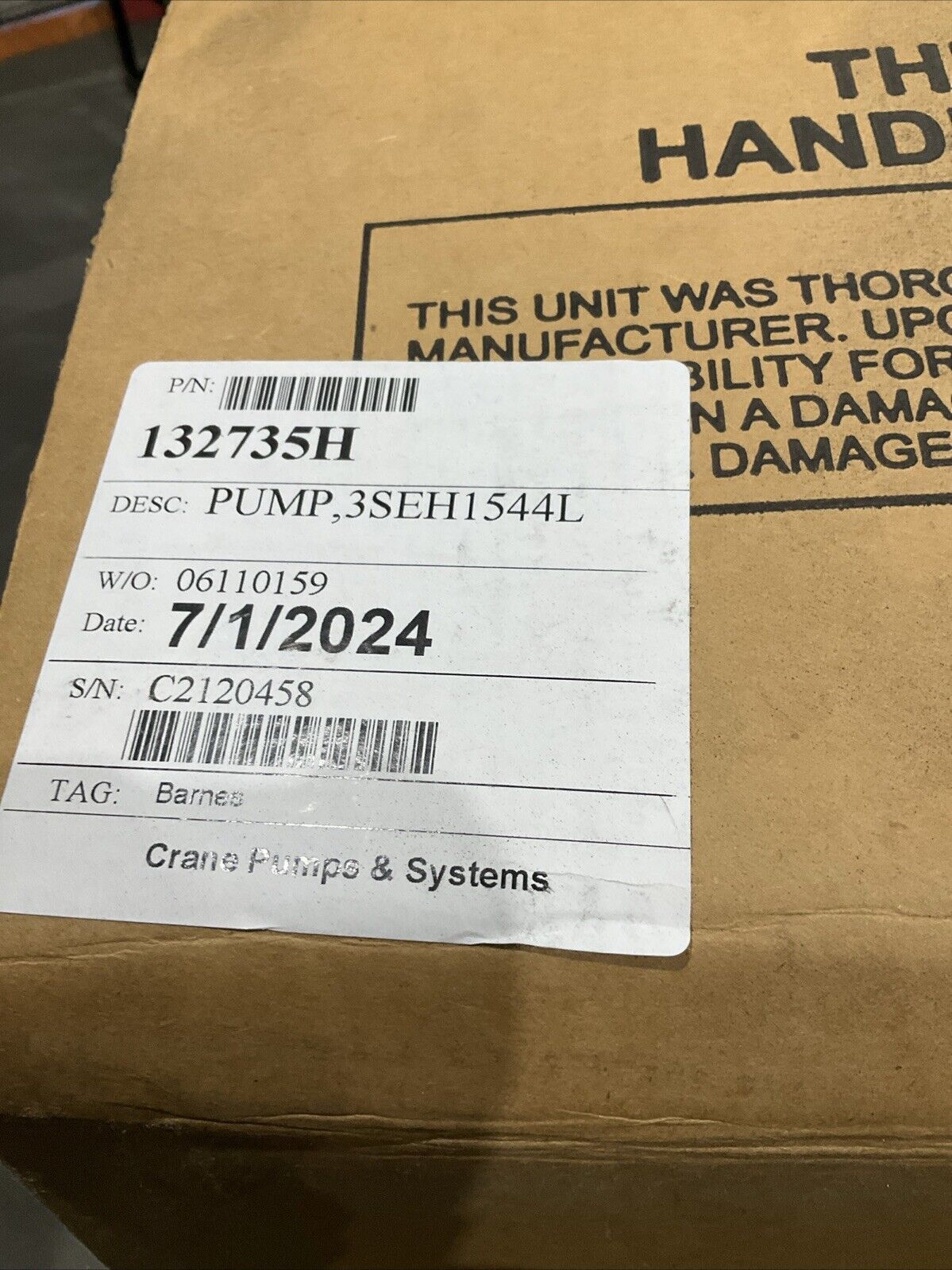 CRANE BARNES 3SEH1544L 132735H CENTRIFUGAL PUMP 1750 RPM 3 PH 60 HZ 1.5HP 460 V