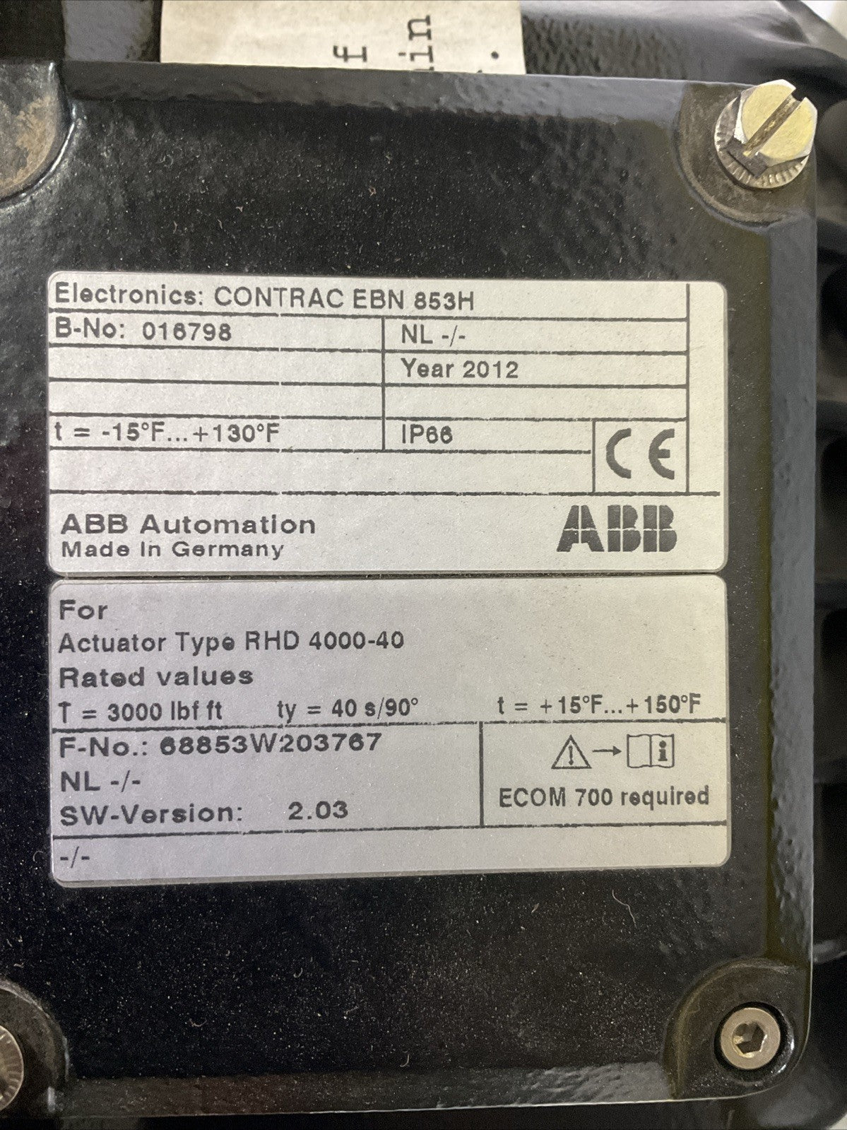 2012 ABB EBN 853H ELECTRICRONIC POWER UNIT FOR ACTUATOR TYPE RHD 4000-40 016798