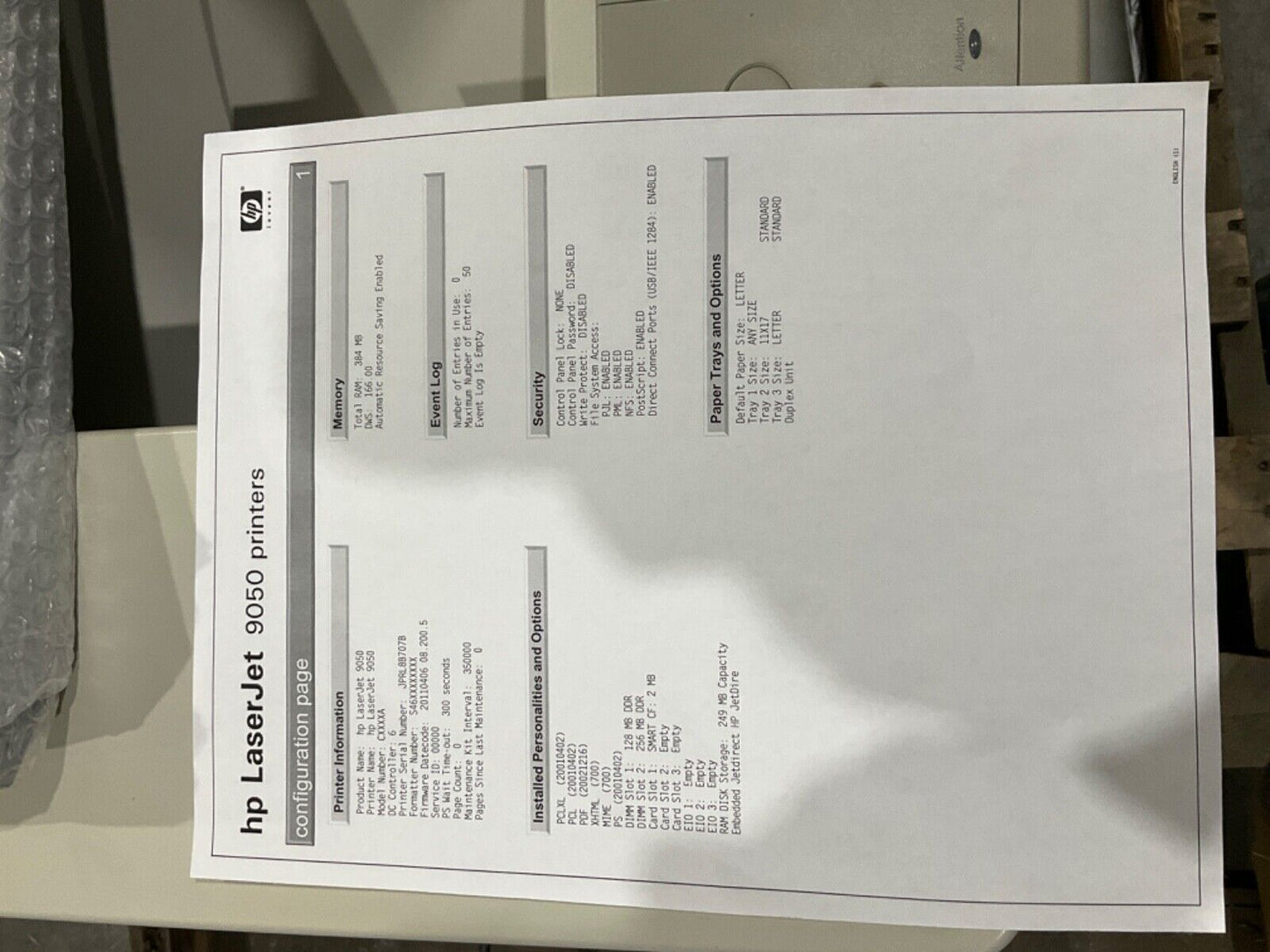 HP LASER JET 9050 PRINTER Q3723A BOISB-0403-00 100-127VAC  12A 50/60HZ U3S