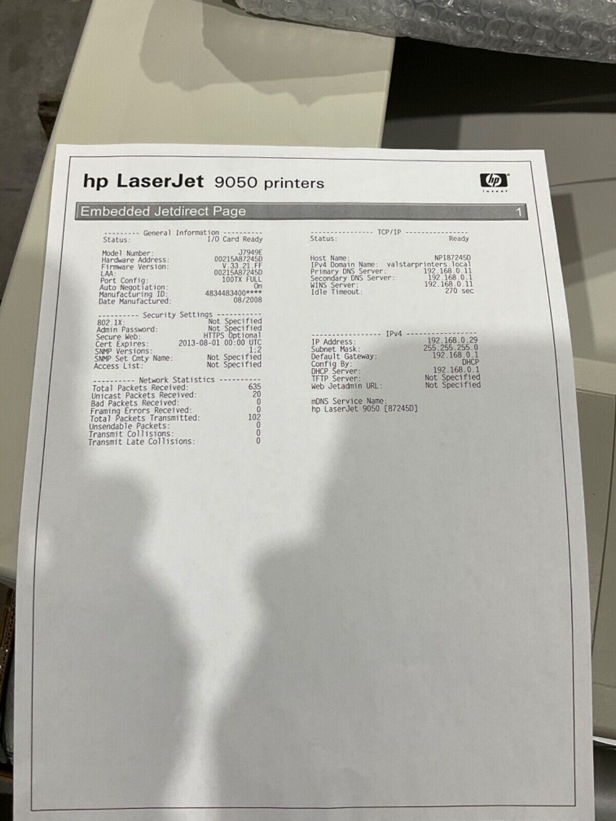 HP LASER JET 9050 PRINTER Q3723A BOISB-0403-00 100-127VAC  12A 50/60HZ U3S
