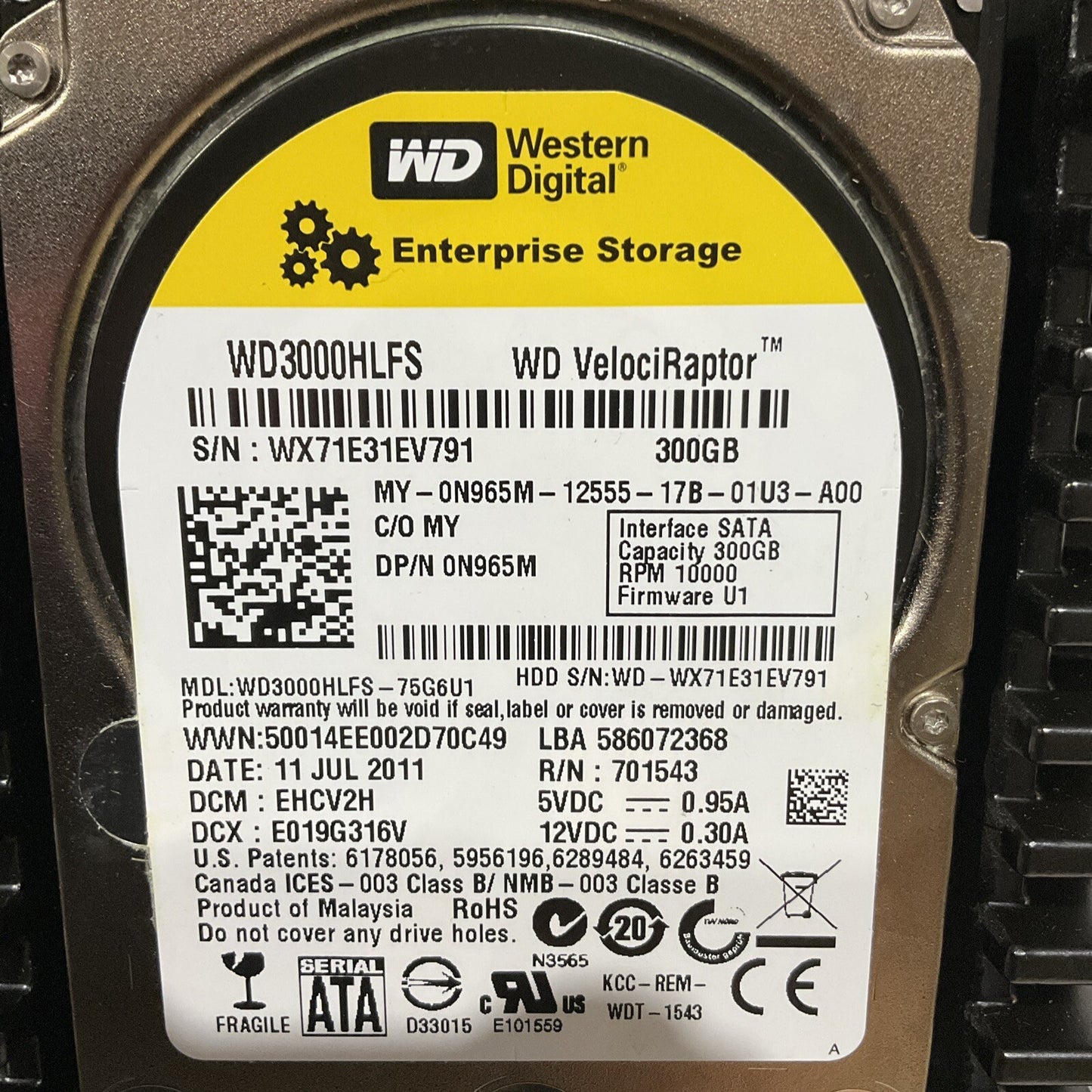 WESTERN DIGITAL WD3000HLFS DRIVE HARD INTERNAL VELOCIRAPTOR 300GB SATA 12VDC U3S