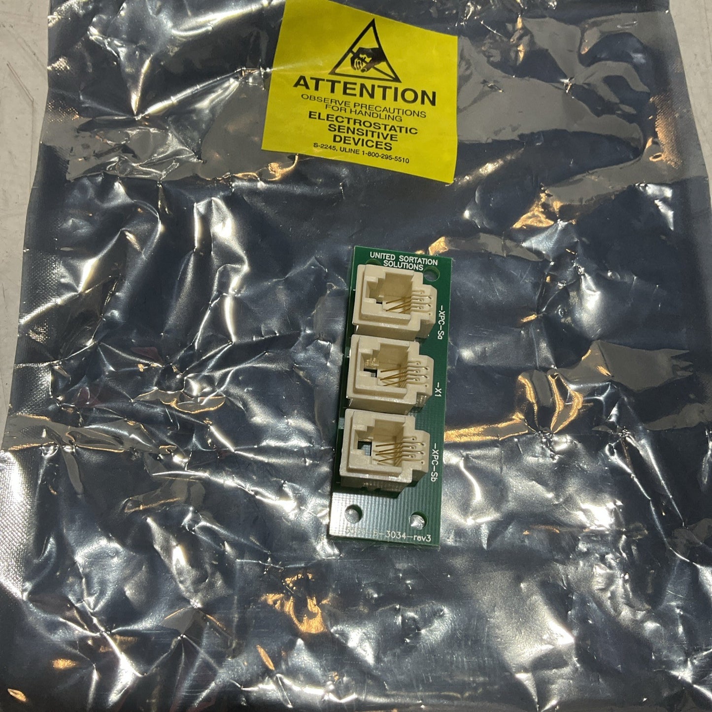 UNITED SORTATION SOLUTIONS 5555-6-3034 REV 3 RJ-11 3 PCB PORT CIRCUIT BOARD U3S