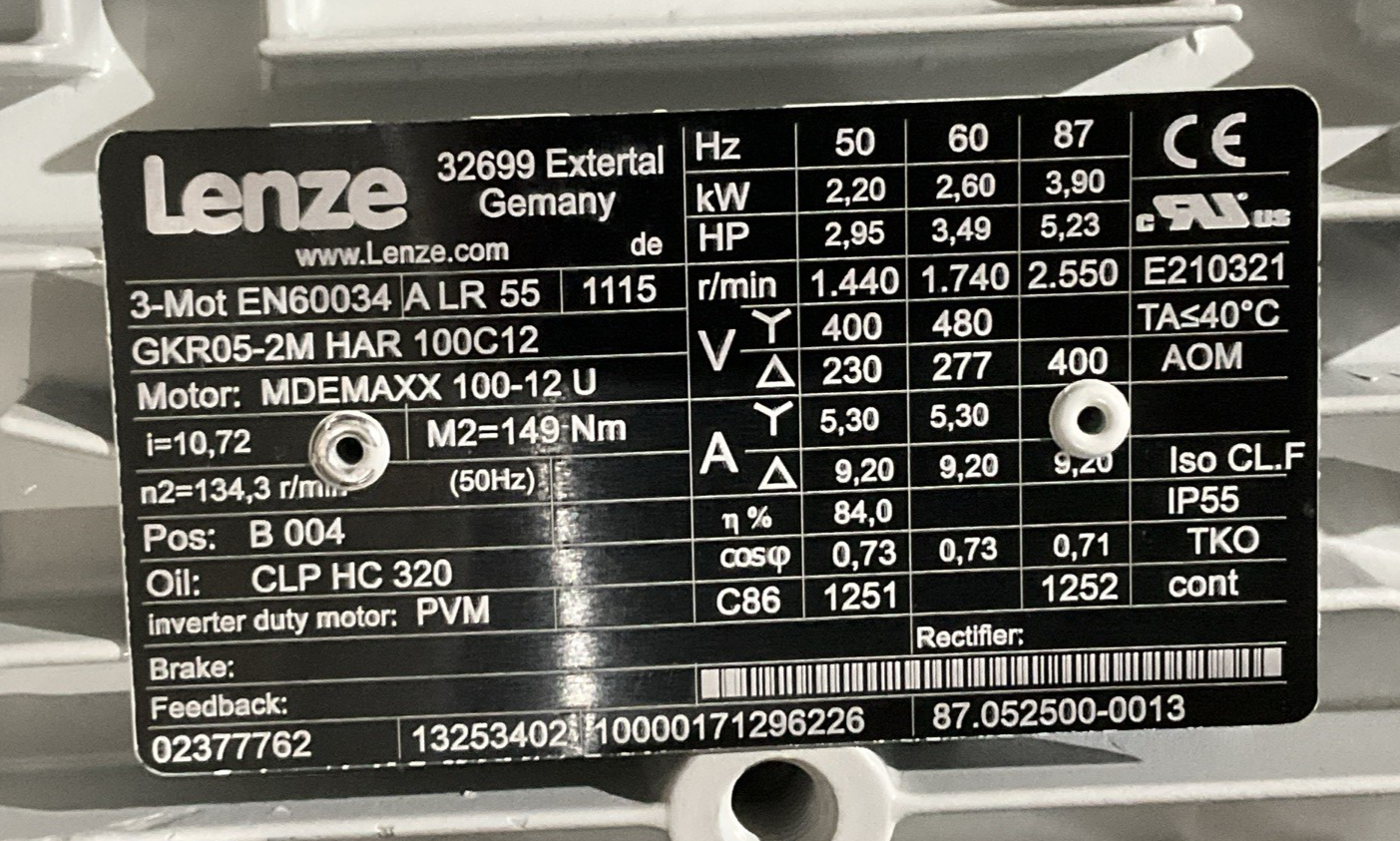 LENZE GEAR MOTOR EN60034 GKR05-2M HAR 100C12 U3S