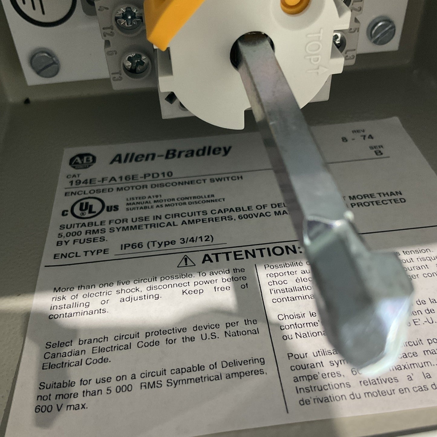 A-B ALLEN-BRADLEY  194E-FA16E-PD DISCONNECT  SWITCH ENCLOSED  MOTOR IP66  U3S
