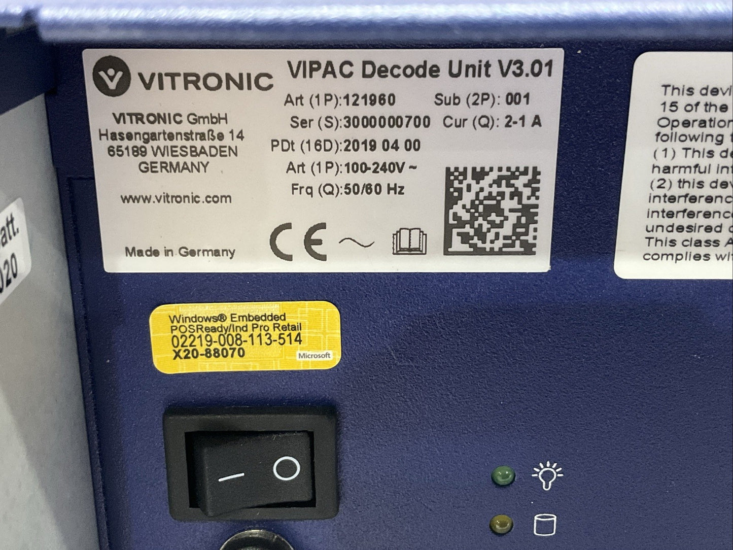 VITRONIC 121960 VIPAC DECODER UNIT V3.01 SPSS PH2 100-240V 50/60HZ U3S