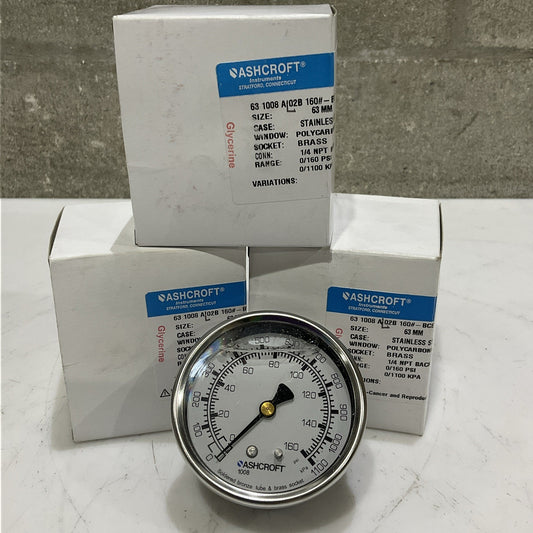 ASHCROFT 63 1008 AL02B 160#-BCE PRESSURE GAUGE GLYCERIN 1100 KPA LOT OF 3 Z2M
