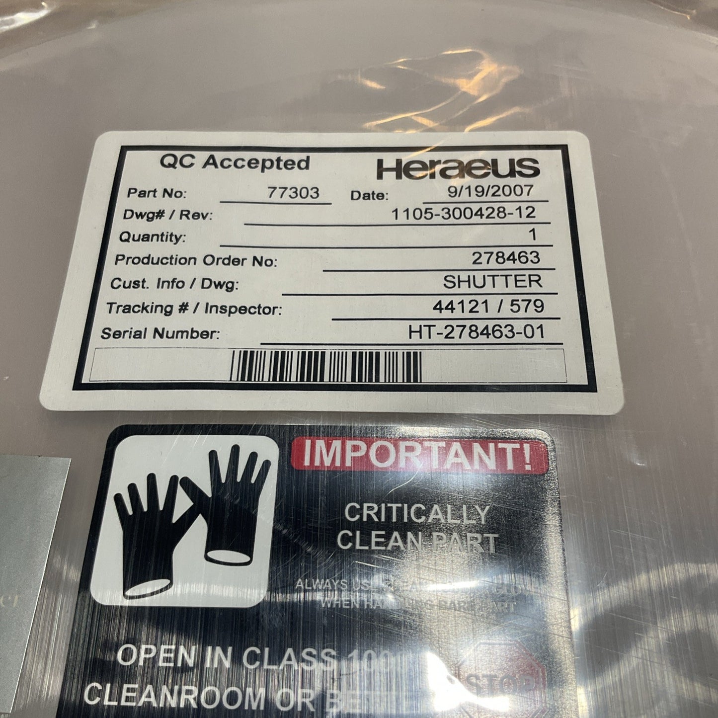 HERAEUS  77303  SHUTTER QUARTZ  TELL  1105-300428-12  777