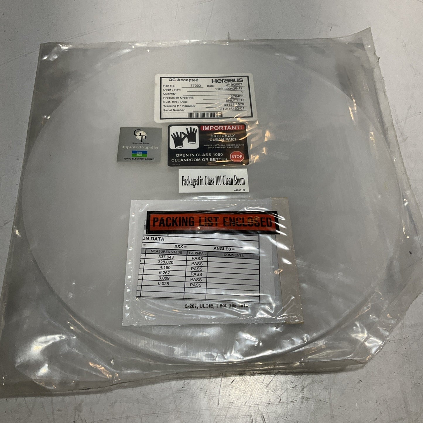 HERAEUS  77303  SHUTTER QUARTZ  TELL  1105-300428-12  777