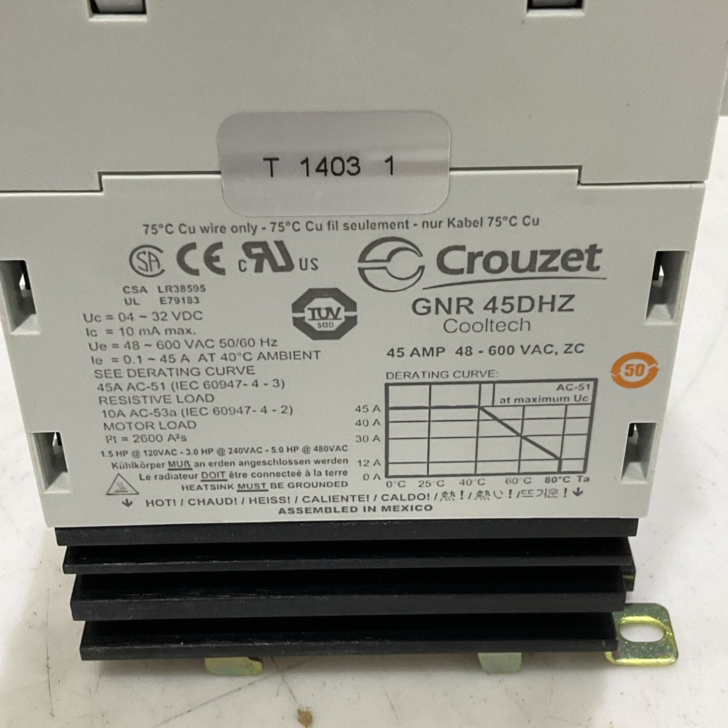 CROUZET CRYDOM GNR45DHZ SOLID STATE RELAY COOLTECH 46A 48-600 VAC 50/60HZ Z2M