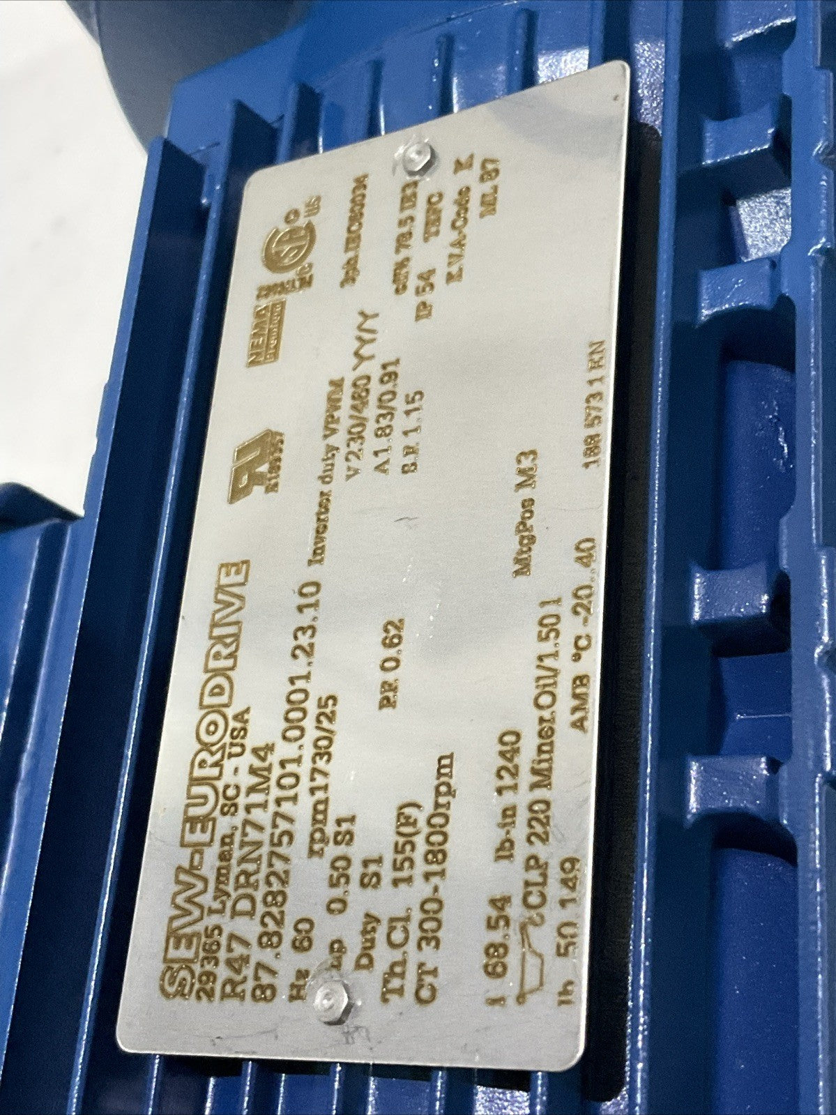 SEW-EURODRIVE R47 DRN71M4 GEAR MOTOR  R47DRN71M4 460 V 60 HZ 1730 RPM Z2M