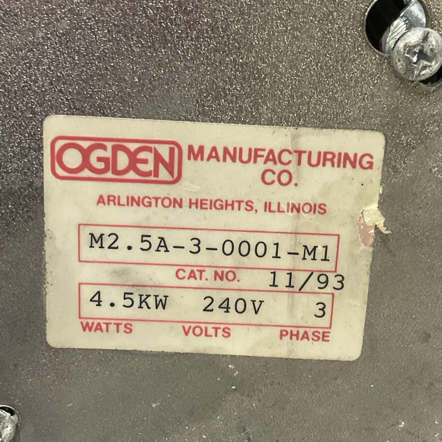 OGDEN M2.5A-3-0001-M1 INDUSTRIAL HEATER ELEMENT 11/93 4.5KW 240V 3P Z2M