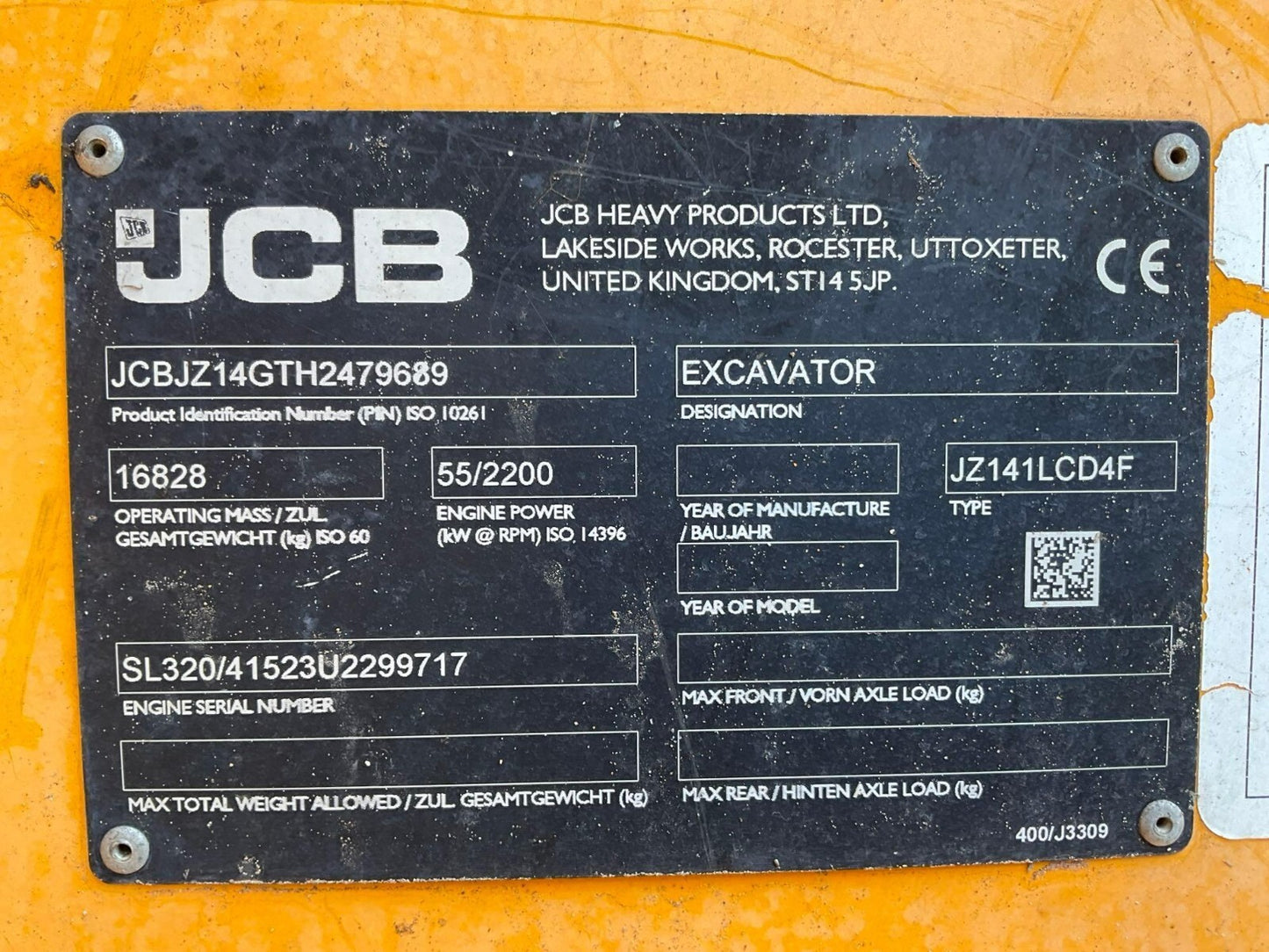 2018 JCB EXCAVATOR MODEL JZ141, DIESEL, ENCLOSED CAB, PUSH BLADE, METAL TRACKS