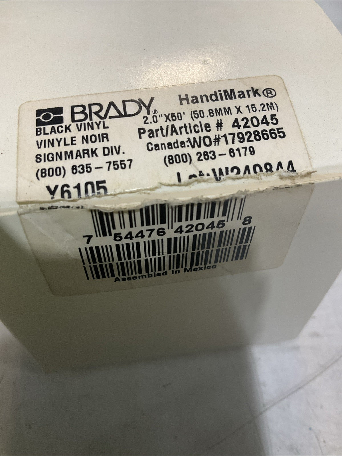 BRADY HANDIMARK Y6105 42045 W249844 BLACK VINYLE NOIR 2.0X50 LABEL TAPE  Z2M