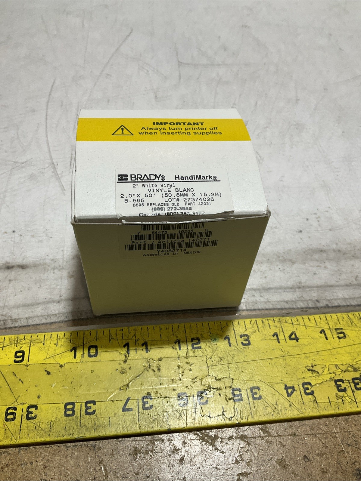 BRADY HANDIMARK  142271-27374026  WHITE VINYL 2.0X50 50.8MX15.2 LABEL  TAPE Z2M