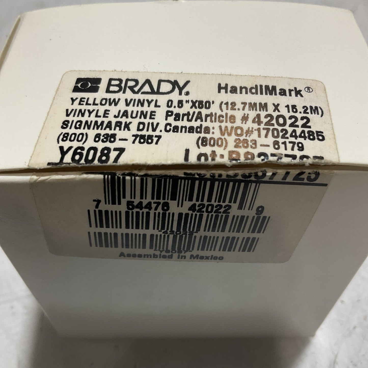 BRADY HANDIMARK 42022 Y6087  YELLOW  VINYL 0.50X60  12.7MX15.2M LABEL TAPE  X2M