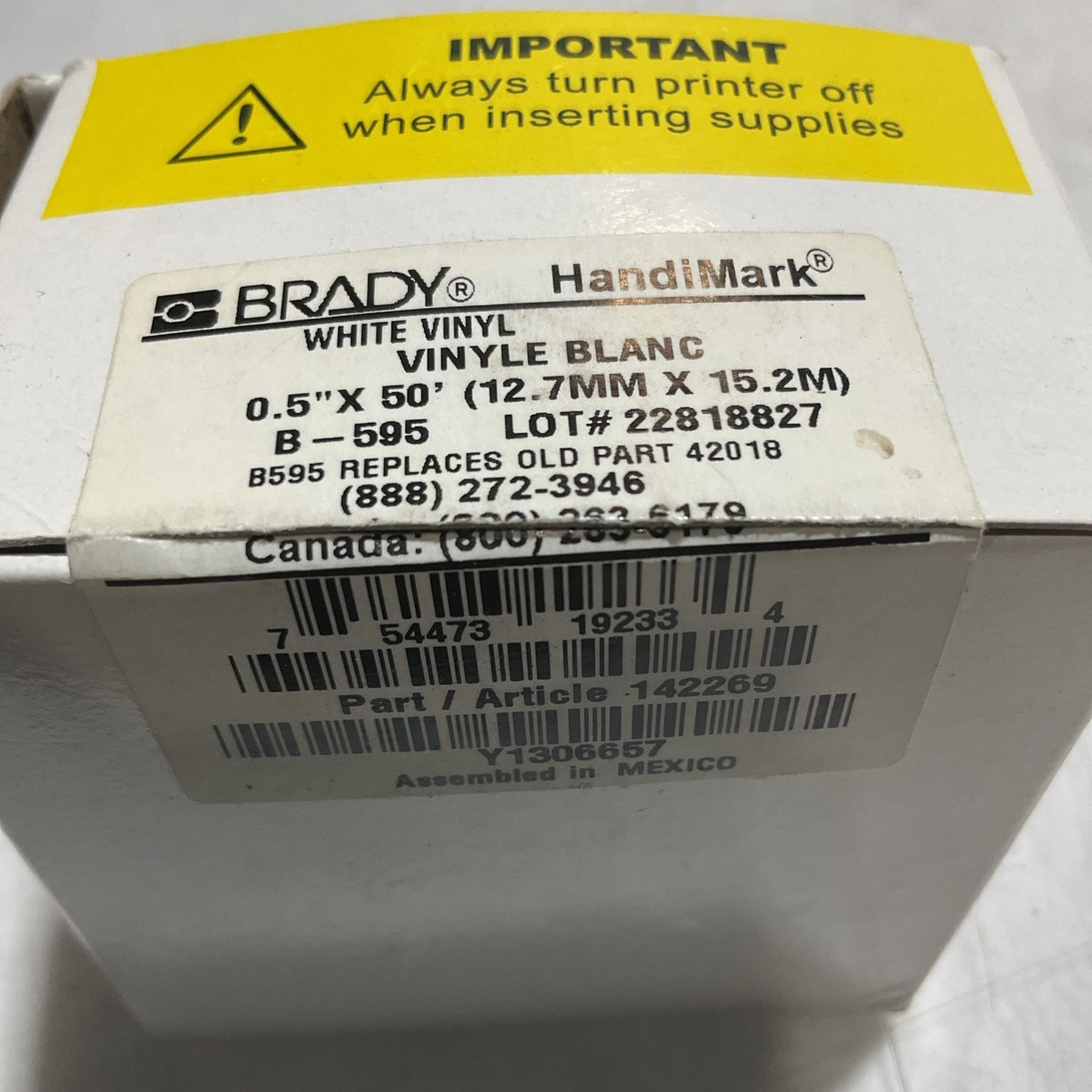 BRADY Y1306657 B-595- 142269 0.5X50 12.7MMX15.2M WHITE VINY LABELS  QTY 2 Z2M
