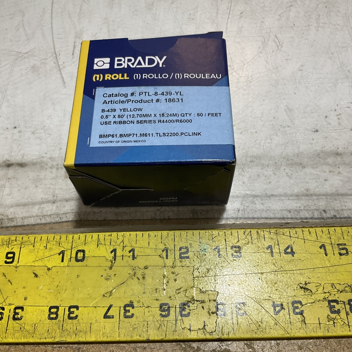 BRADY B-439  PLT-8-439-YL 18631 YELLOW VINYL LABEL TAPE FOR 0.5X50' 50FEET Z2M